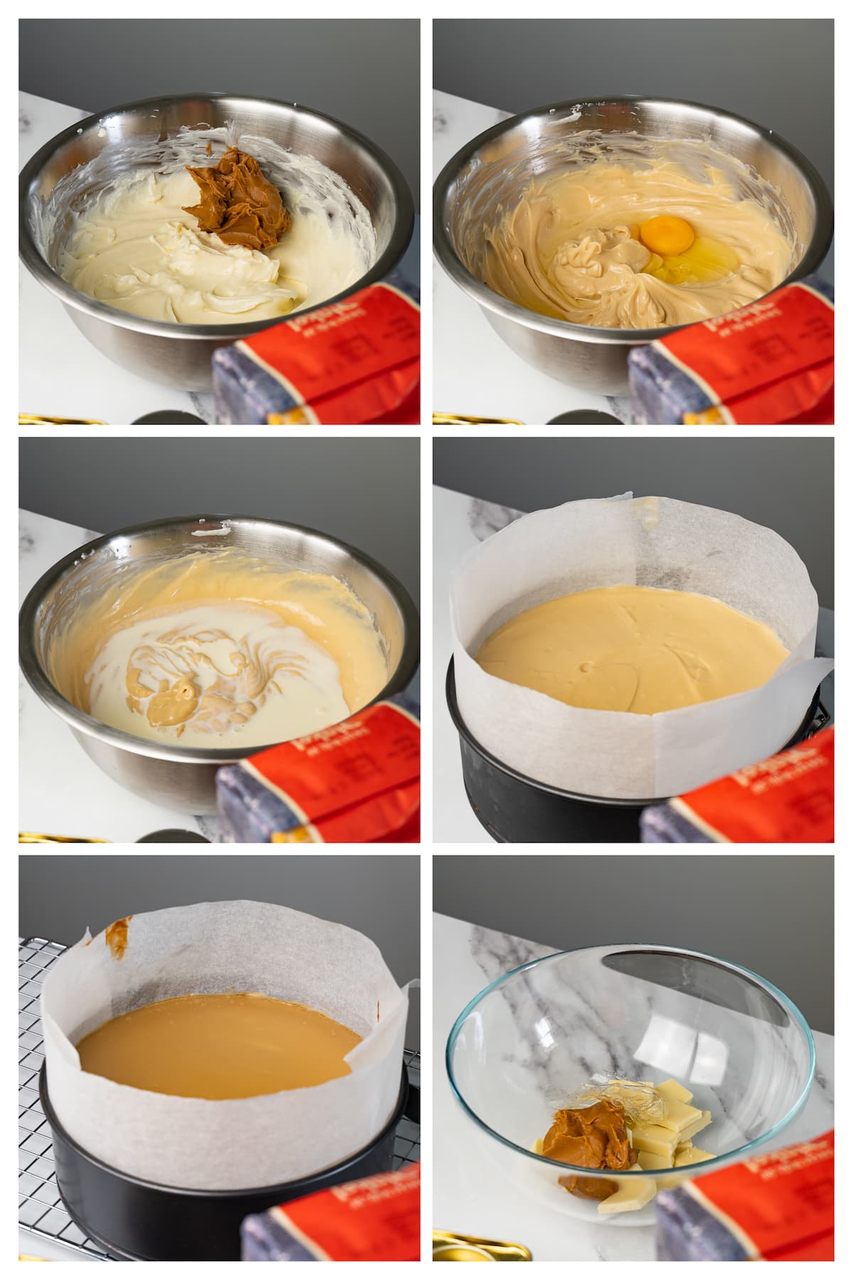 A collage image shows how to make cheesecake filling with Biscoff cookie butter in six steps.