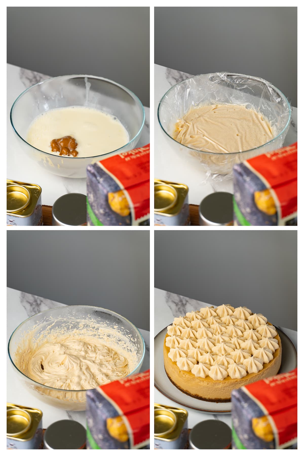 A collage image shows how to make Biscoff cream and decorate a cheesecake with it in four steps.