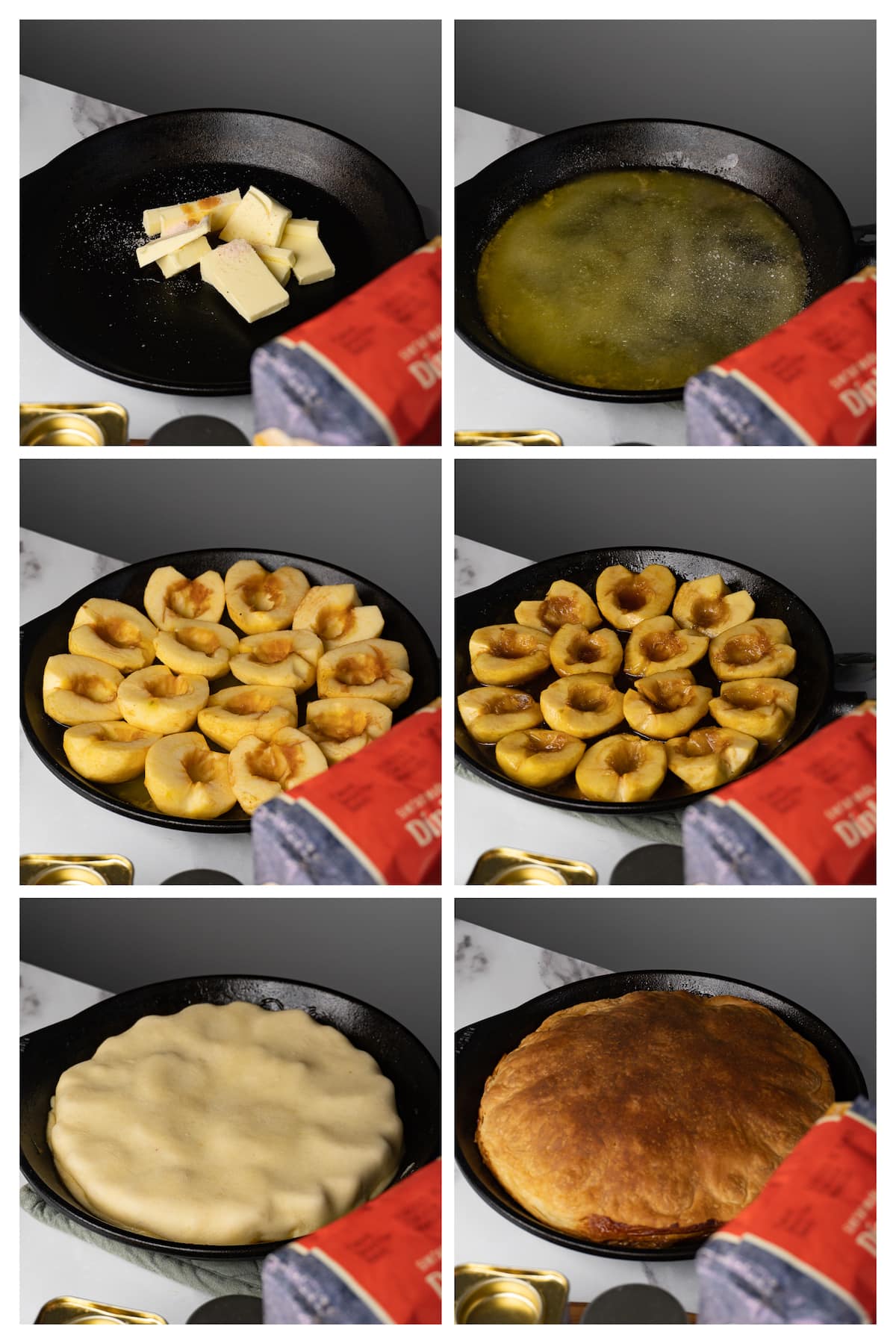 A collage image shows how to make apple Tarte Tatin in six steps.