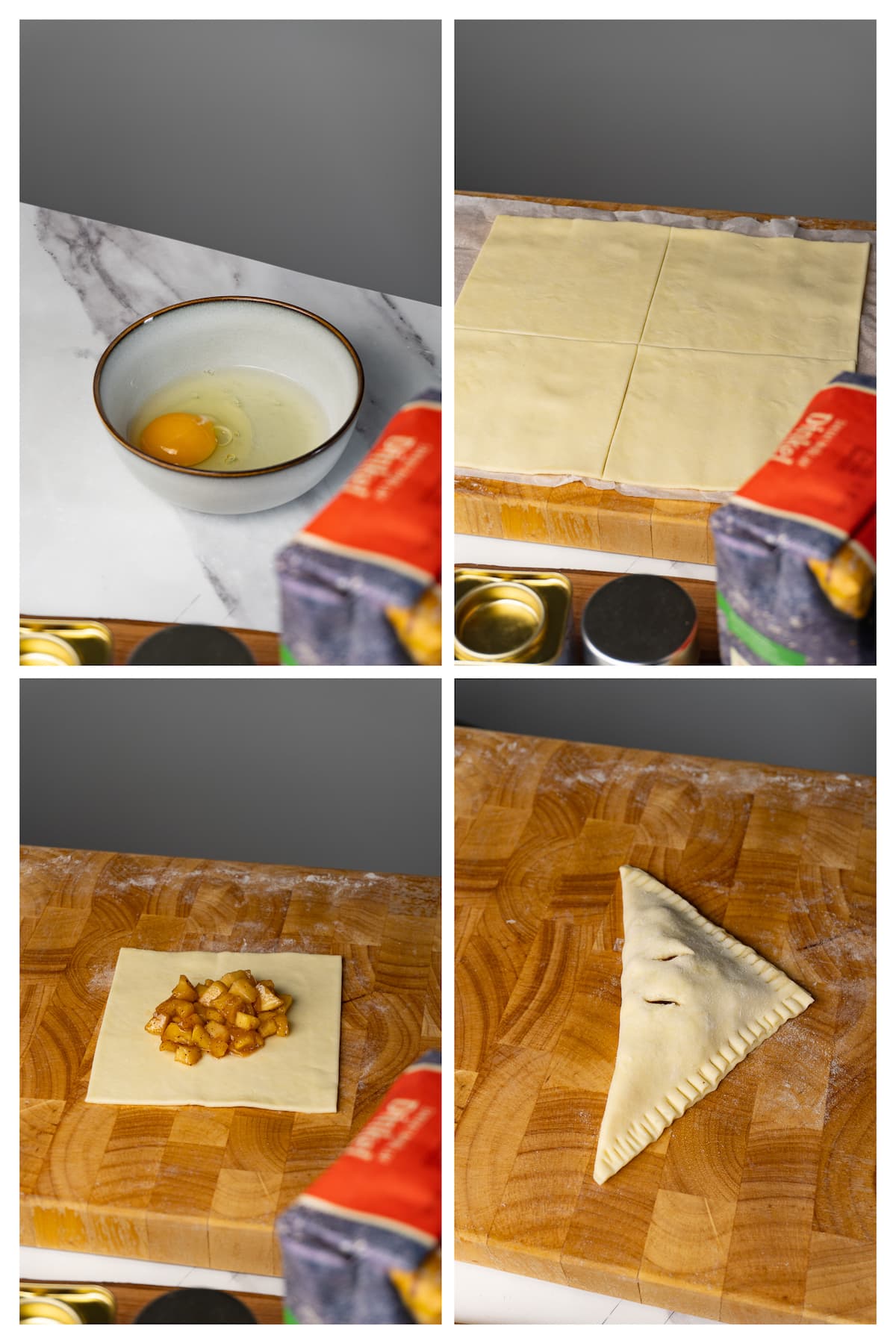 A collage image shows how to assemble apple turnovers in four steps.