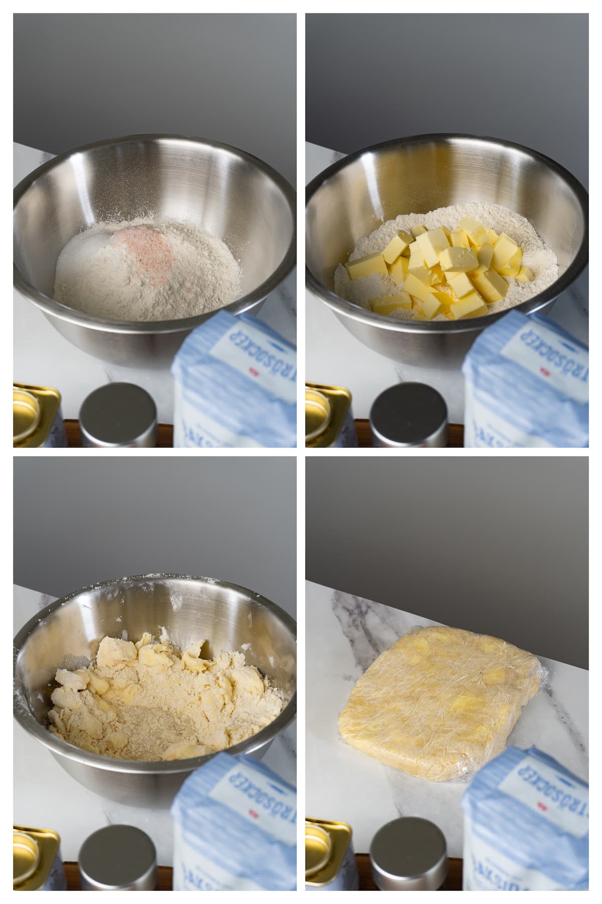 A collage image shows how to make initial dough for rough puff pastry in four steps before lamination.