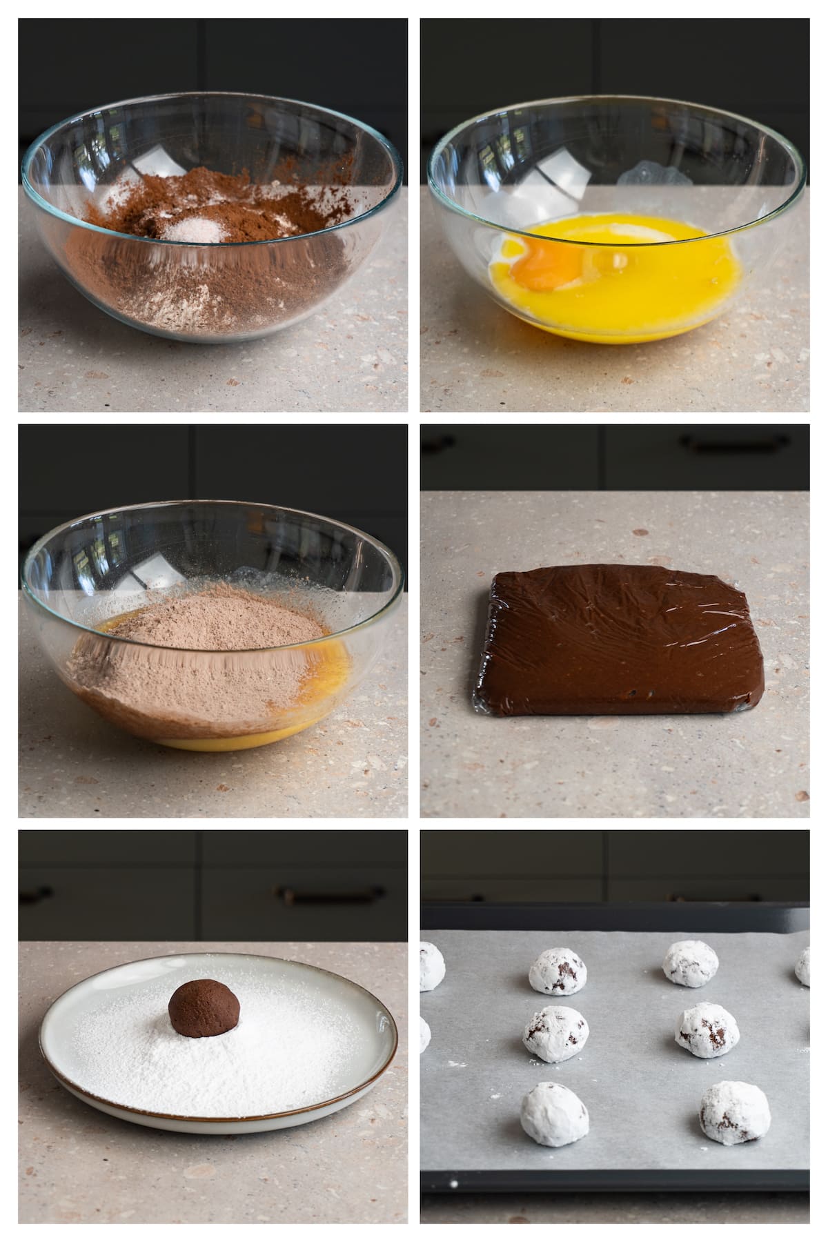 A collage image shows how to make chocolate crinkle cookies in six steps.