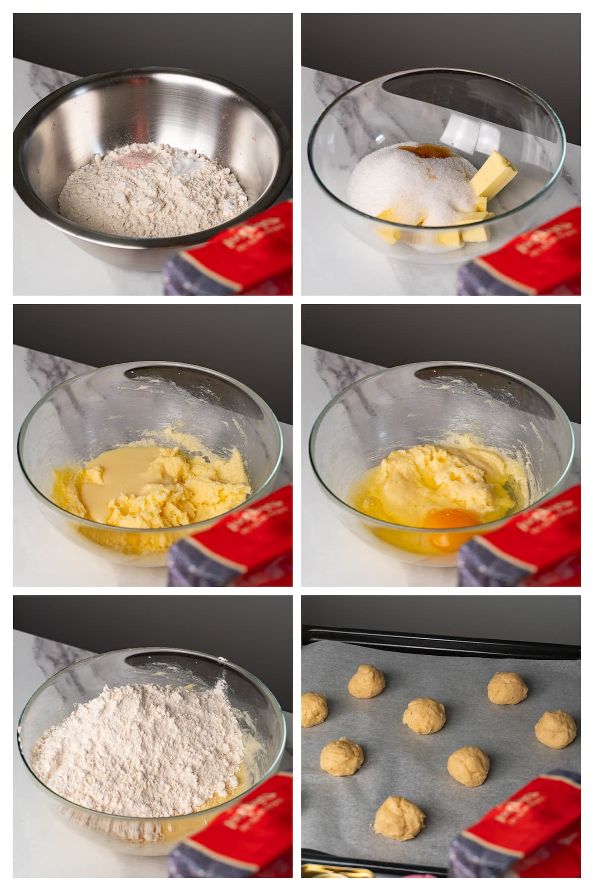 A collage image shows how to make condensed milk cookies in six steps.