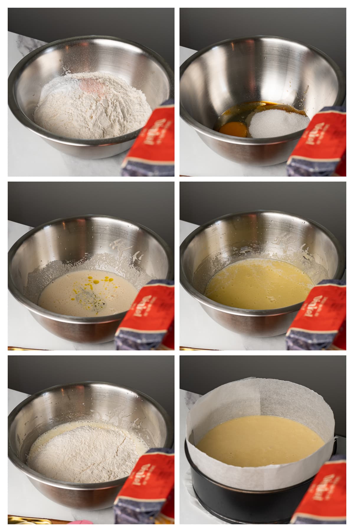 A collage image shows how to make olive oil cake in six steps.