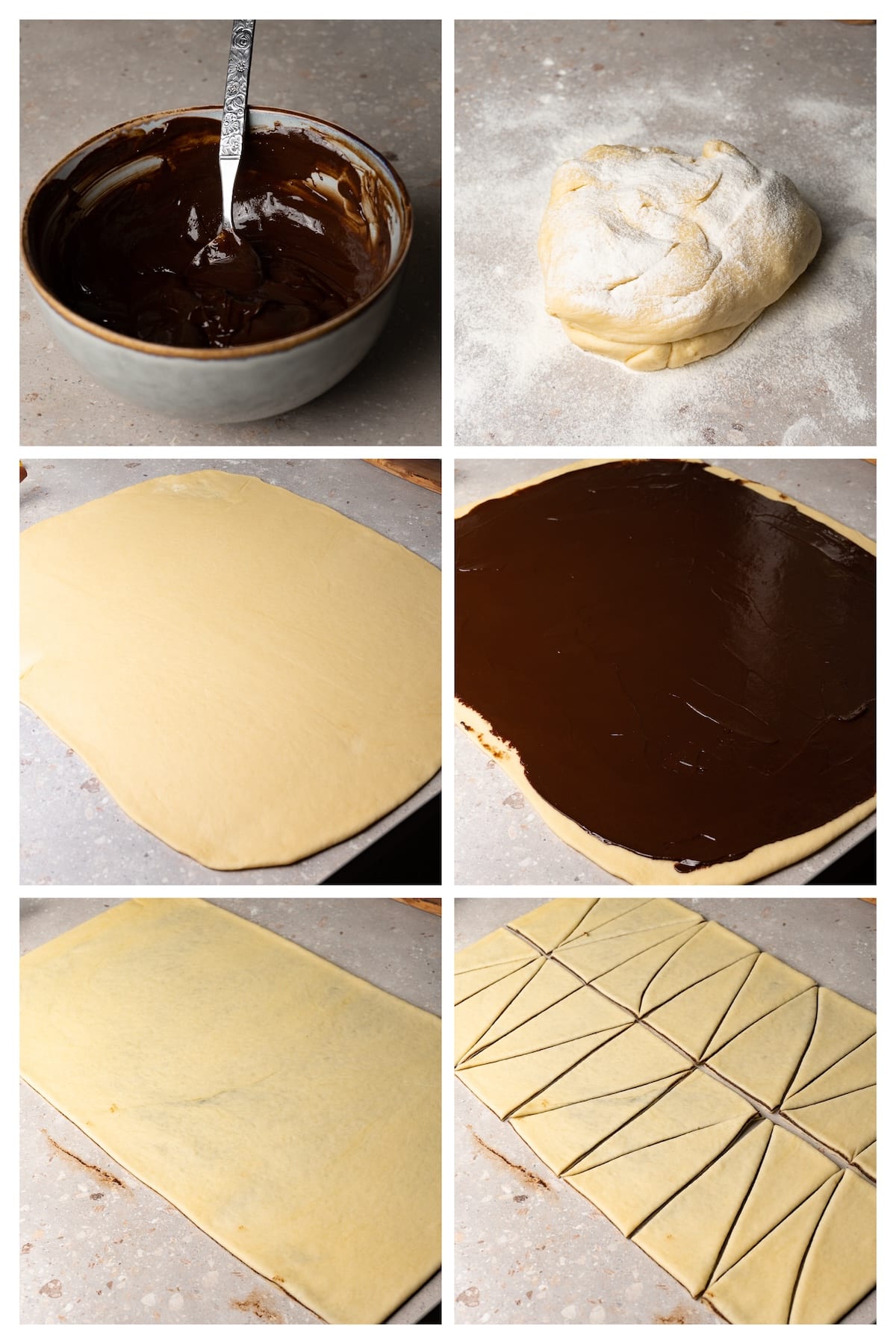 A collage image shows how to make chocolate cinnamon filling, roll out the dough for rugelach in 6 steps.