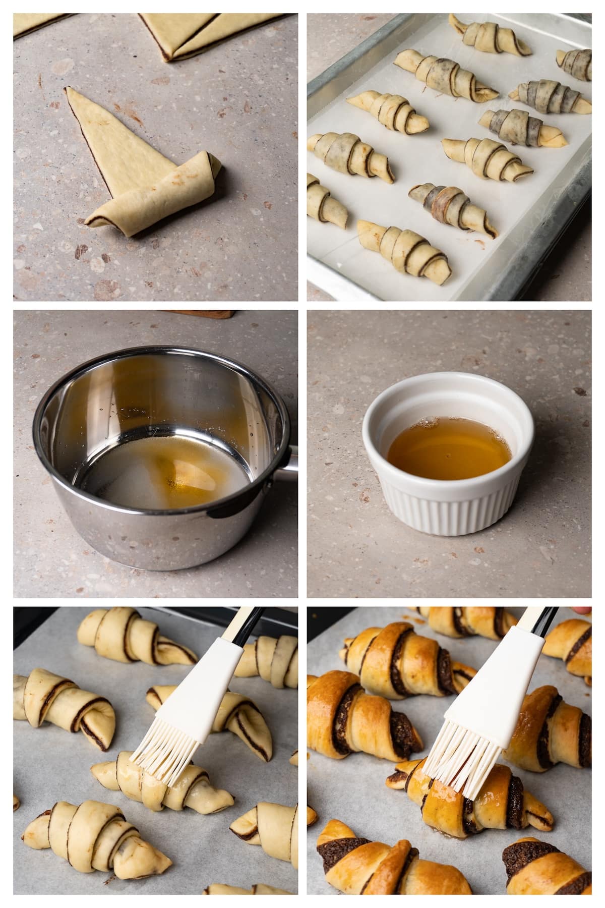 A collage image shows how to shape and bake chocolate rugelach in 6 steps.