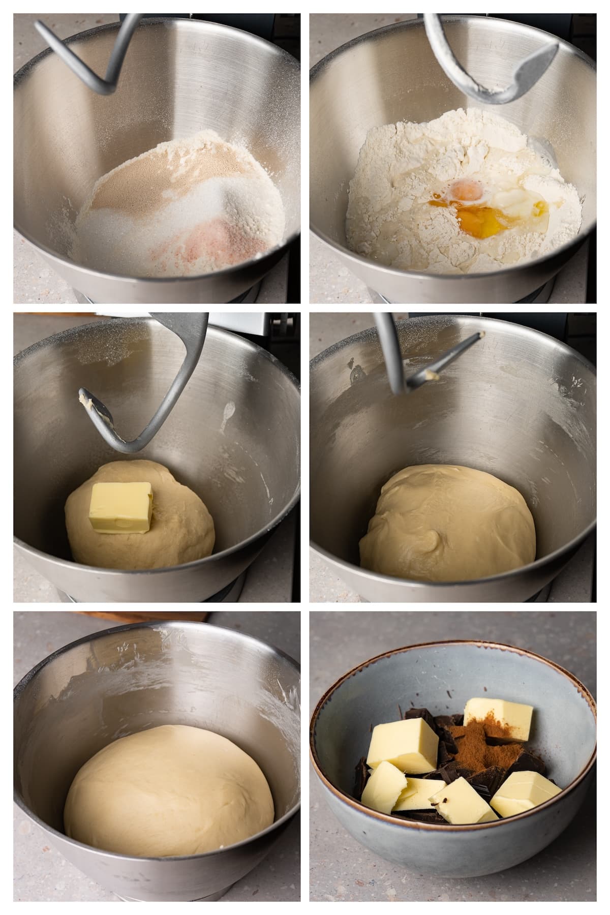 A collage image shows how to make an yeast dough for rugelach in 6 steps.