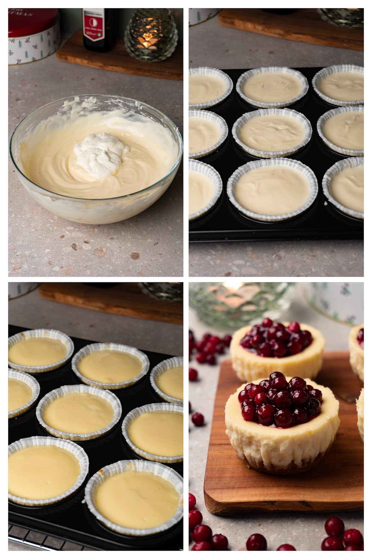 A collage image shows how to bake mini cheesecakes and decorate them with cranberry jam in 4 steps.