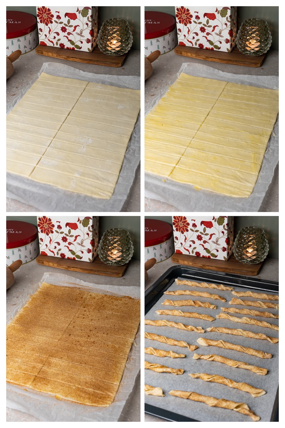 A collage image shows how to shape puff pastry cinnamon twists in 4 steps.