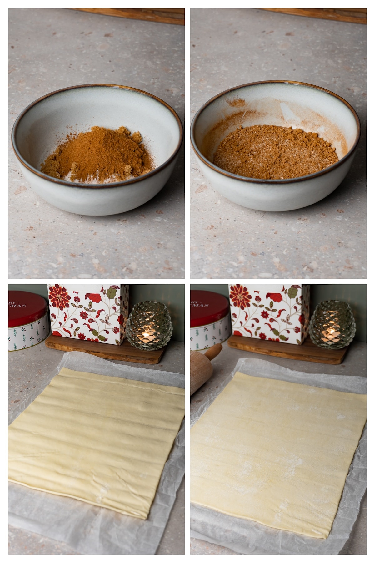 A collage image shows how to make cinnamon sugar topping and roll out puff pastry sheet for cinnamon twists in 4 steps.