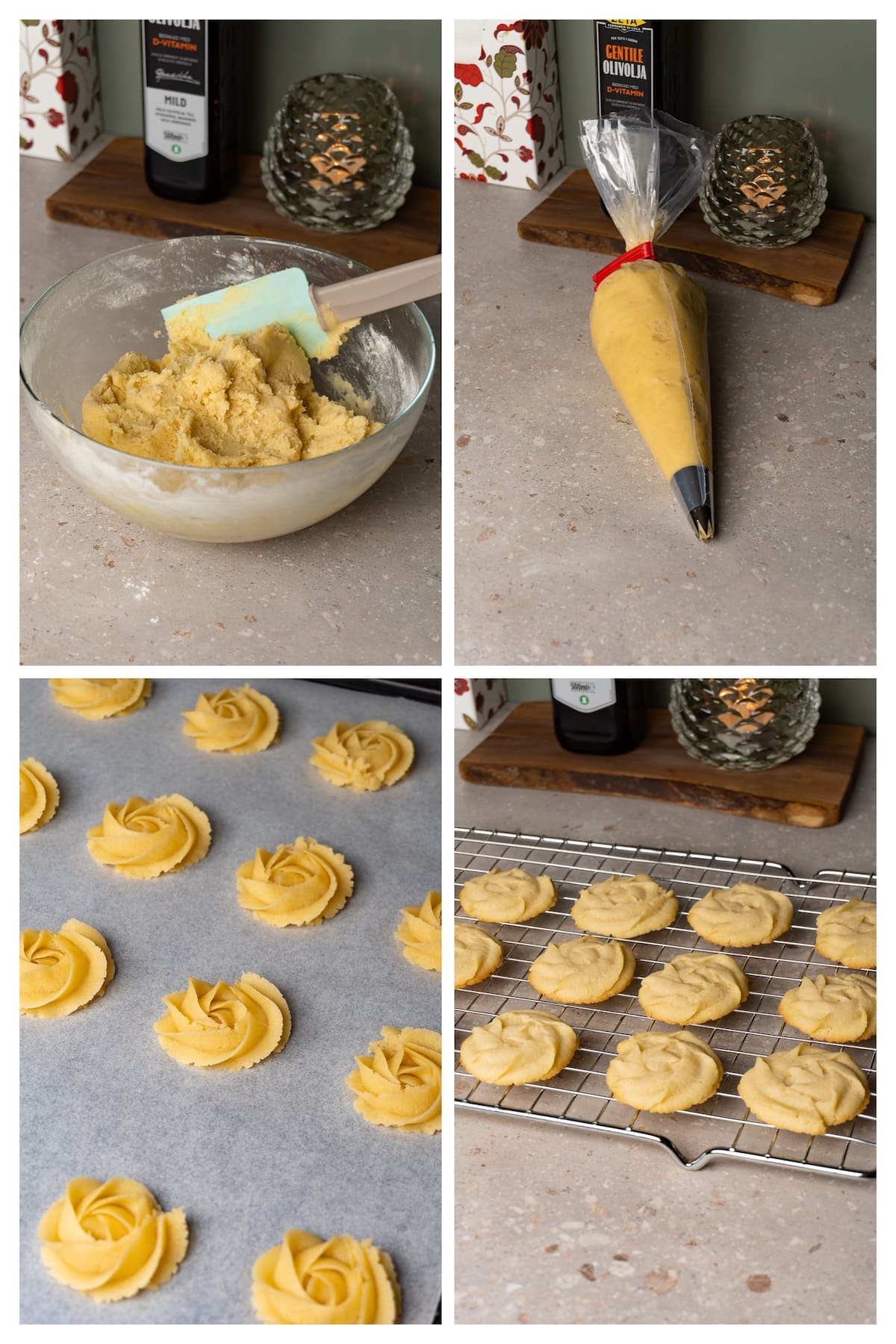 A collage image shows how to pipe and bake butter cookies in 4 steps.