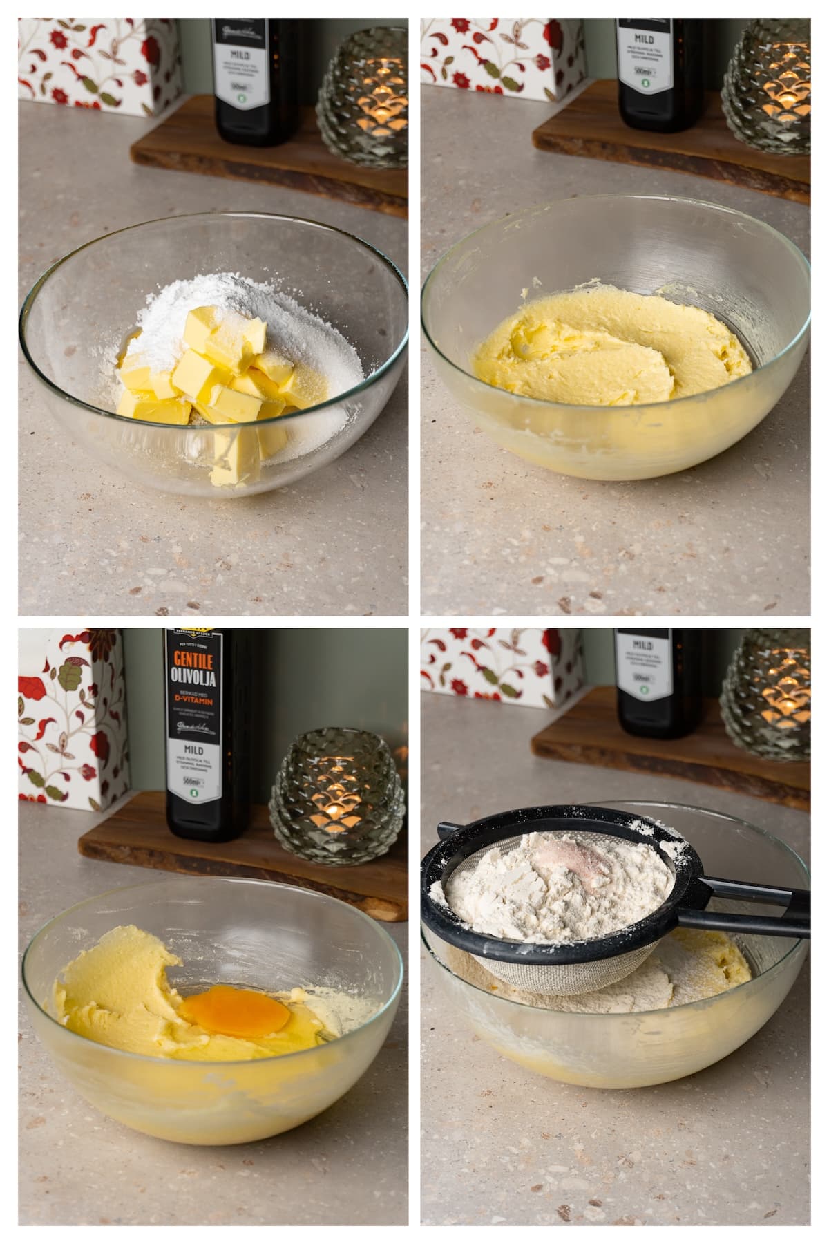 A collage image shows how to make butter cookie dough in 4 steps.