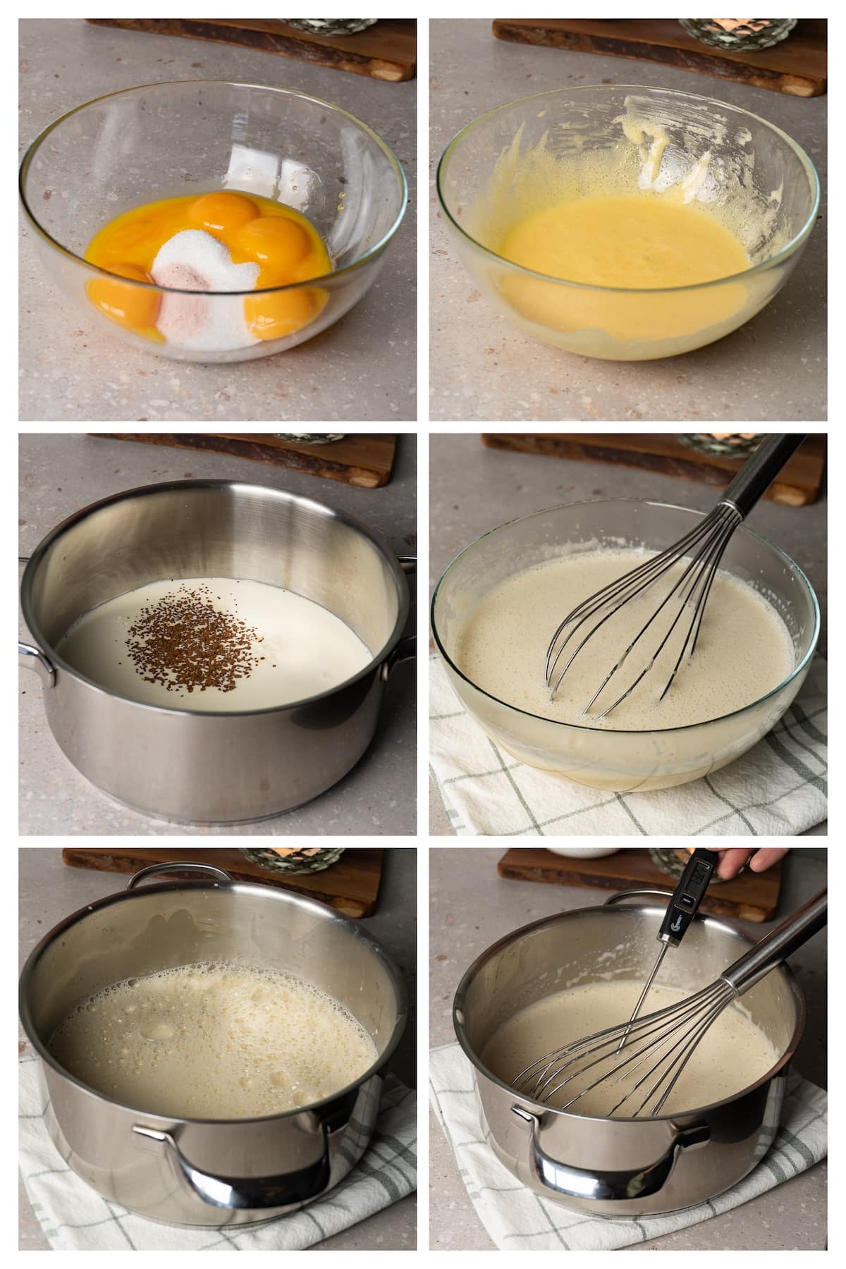 A collage image shows how to make creme Anglaise for chocolate cremeux in 6 steps.