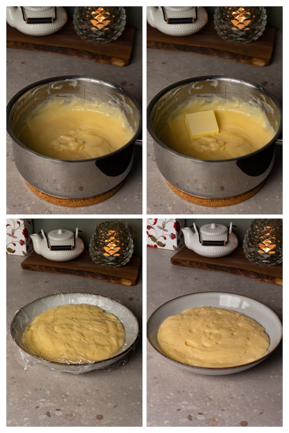 A collage image shows how to cook vanilla custard cream in 4 steps.