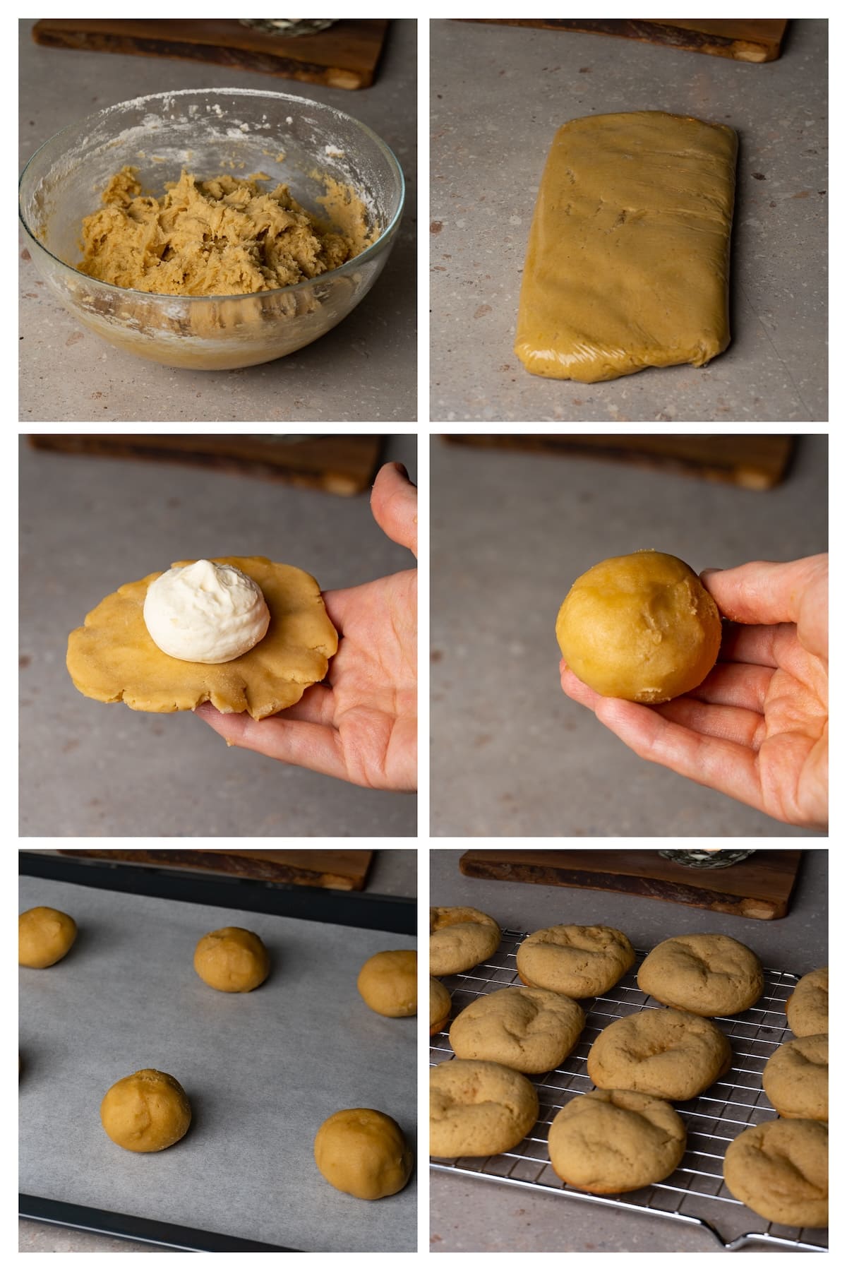 A collage image shows how to assemble and bake vanilla cookies with cream cheese filling in 6 steps.