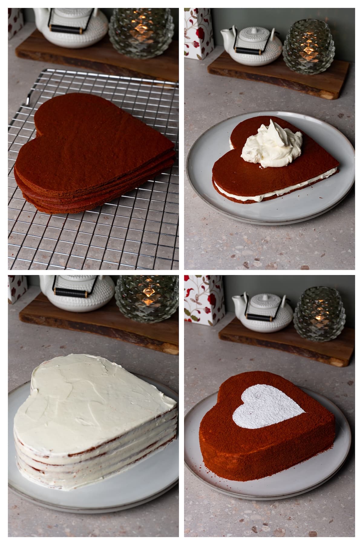 A collage image shows how to make assemble red velvet heart shaped cake with cream cheese frosting in 4 steps.