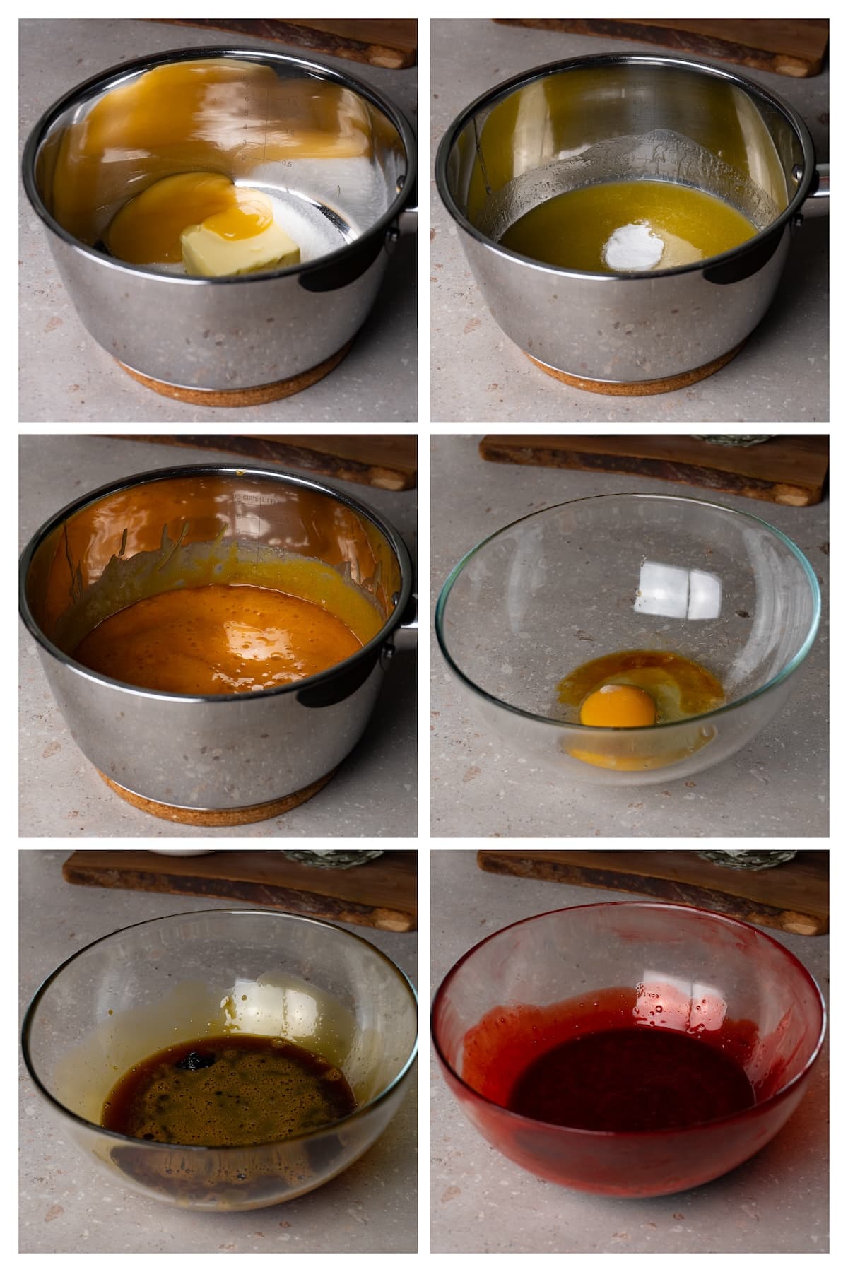 A collage image shows how to make a honey mixture for the dough for heart cake in 6 steps.