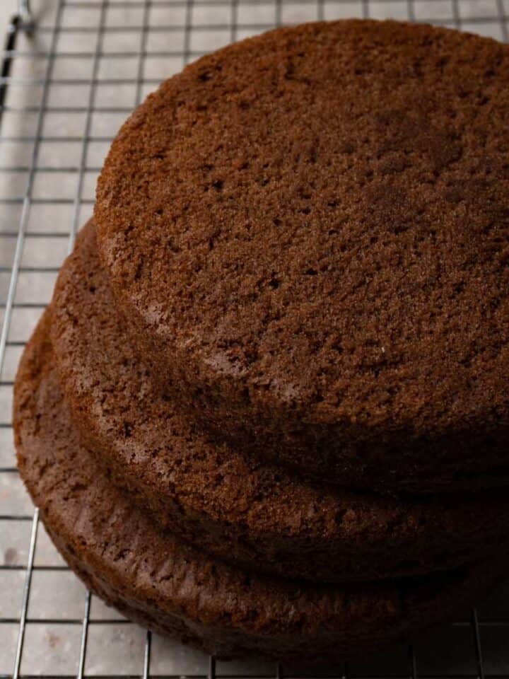Three chocolate sponge cake layers are stacked on top of each other on a metal cooling rack.