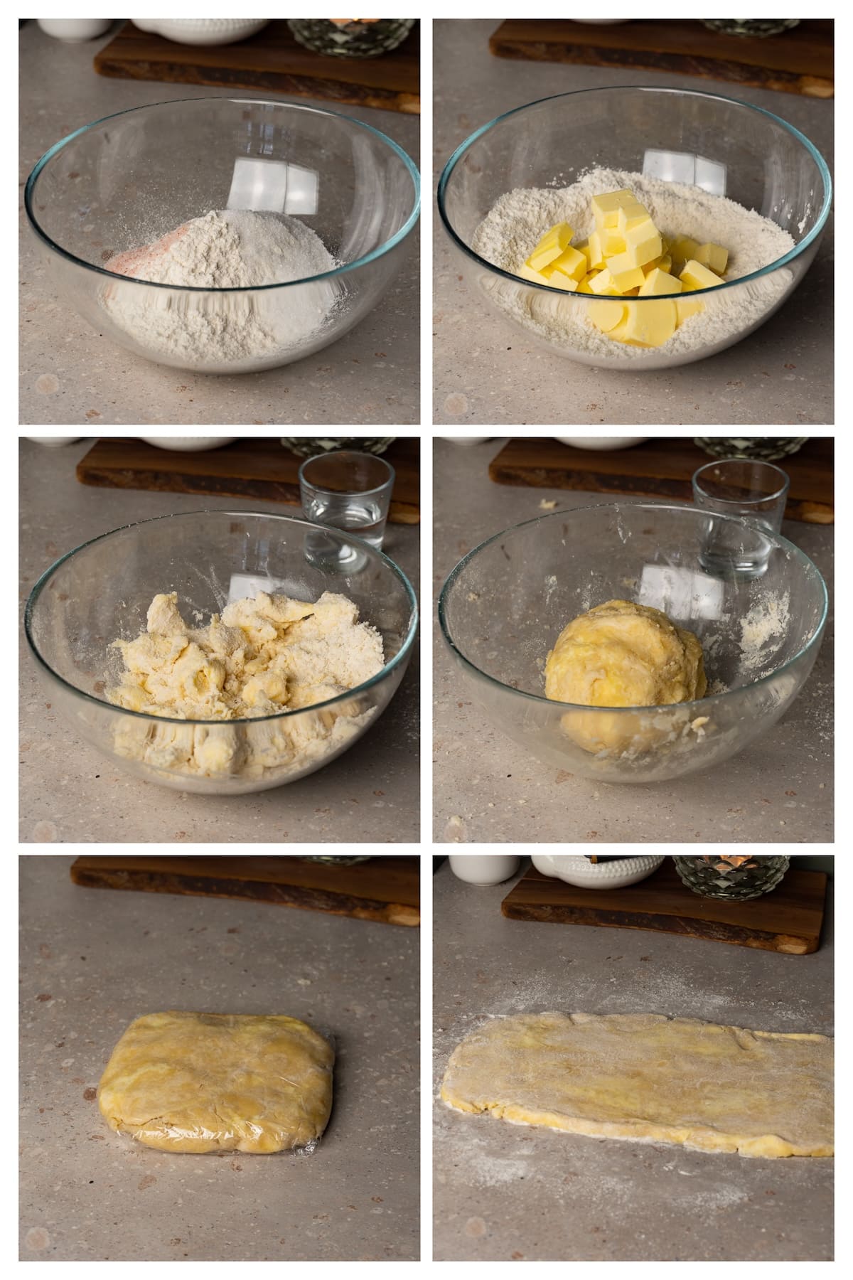 A collage image shows how to make homemade rough puff pastry for pear galette in 6 steps.