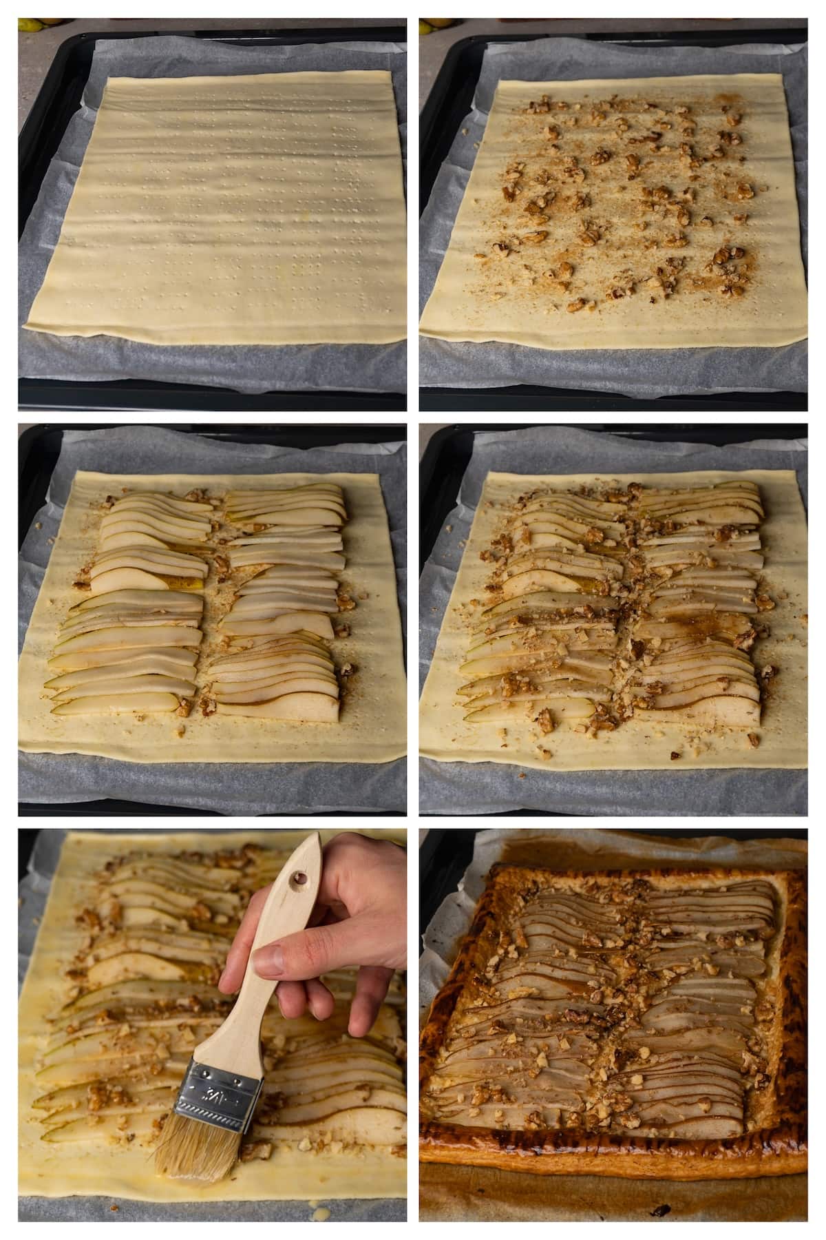 A collage image shows how to make puff pastry tart with pears and walnuts in 6 steps.