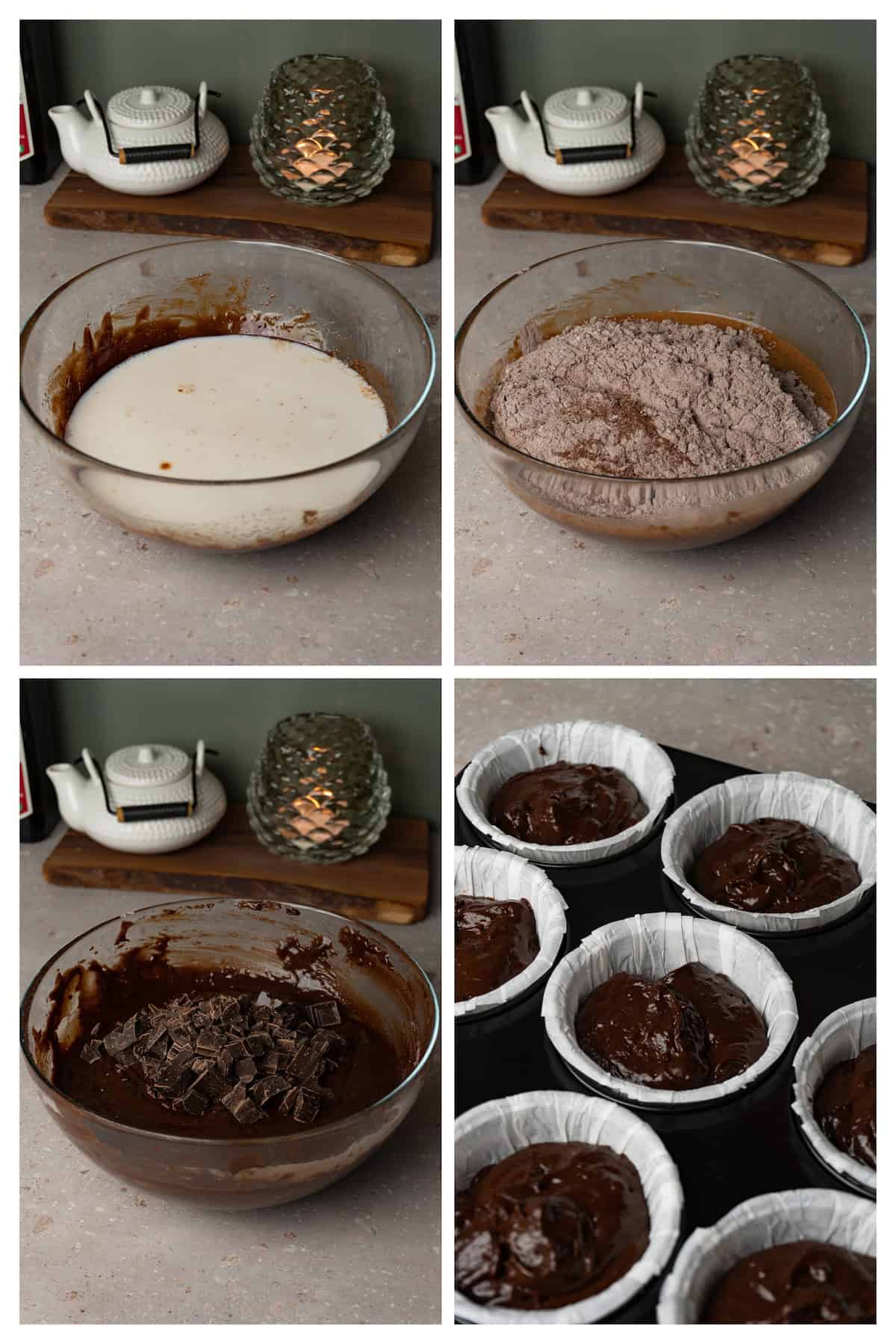 A collage image shows how to make muffin batter with melted chocolate and chocolate chunks and bake the muffins in 4 steps.