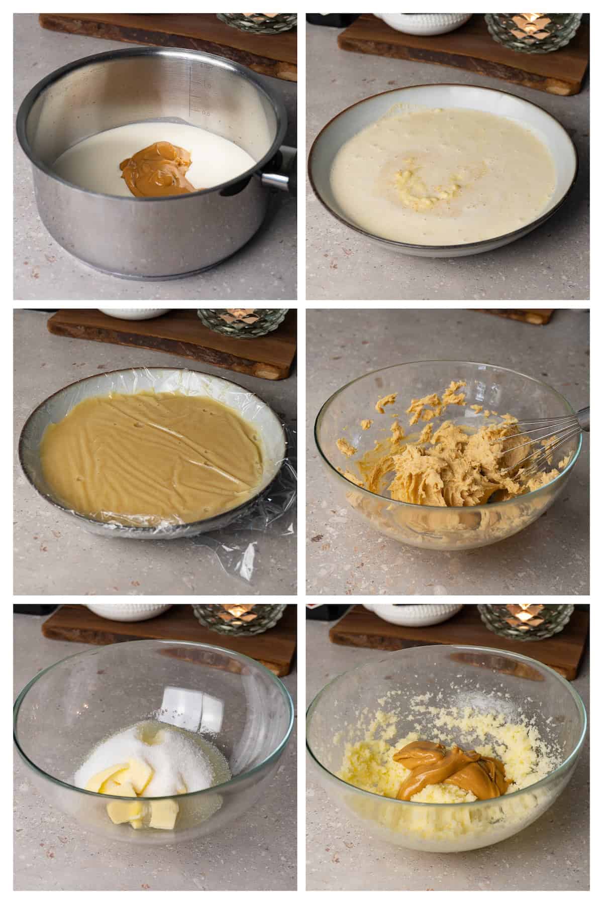 A collage image shows how to make whipped white chocolate ganache with peanut butter in 6 steps.