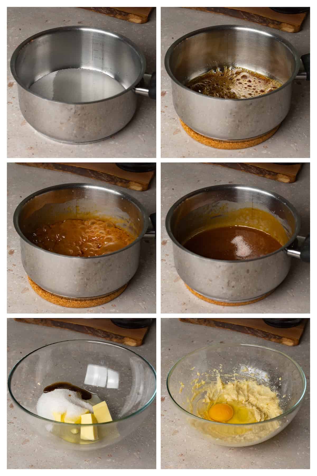 A collage image shows the process of making caramel for banana upside down cake.