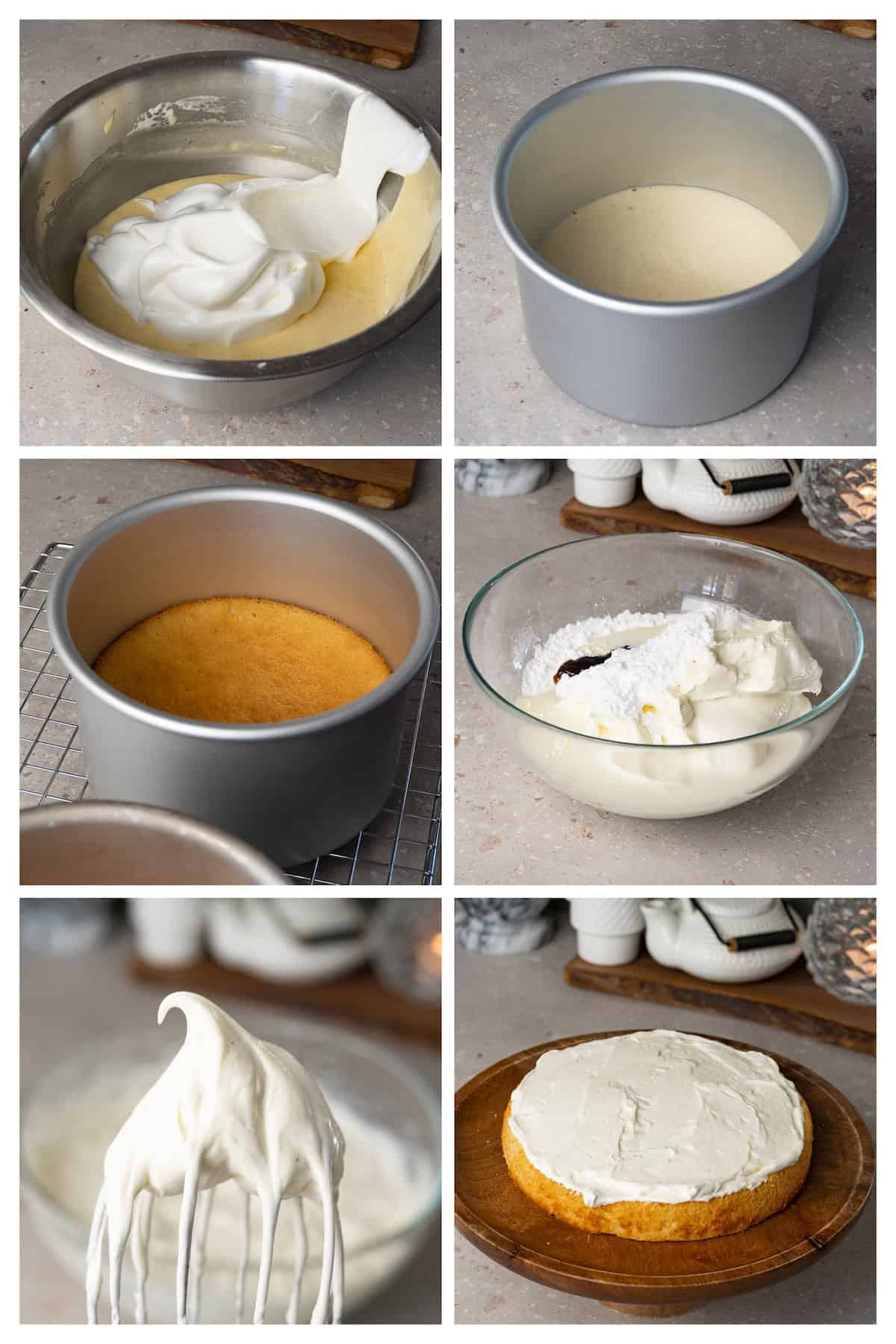 A collage image shows the process of baking vanilla chiffon cake layers, making vanilla frosting and assembling the cake in six steps.
