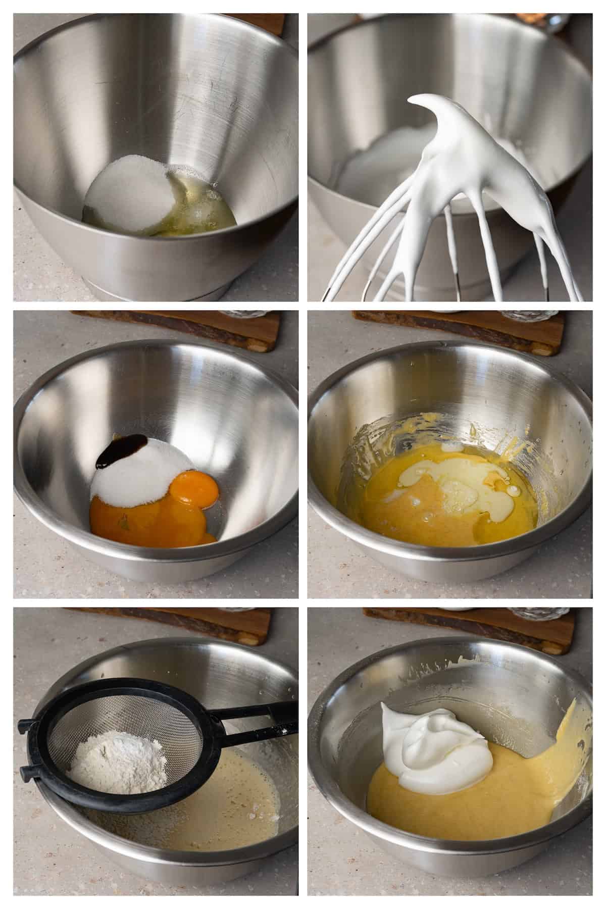 A collage image shows the process of making vanilla chiffon cake batter in six steps.