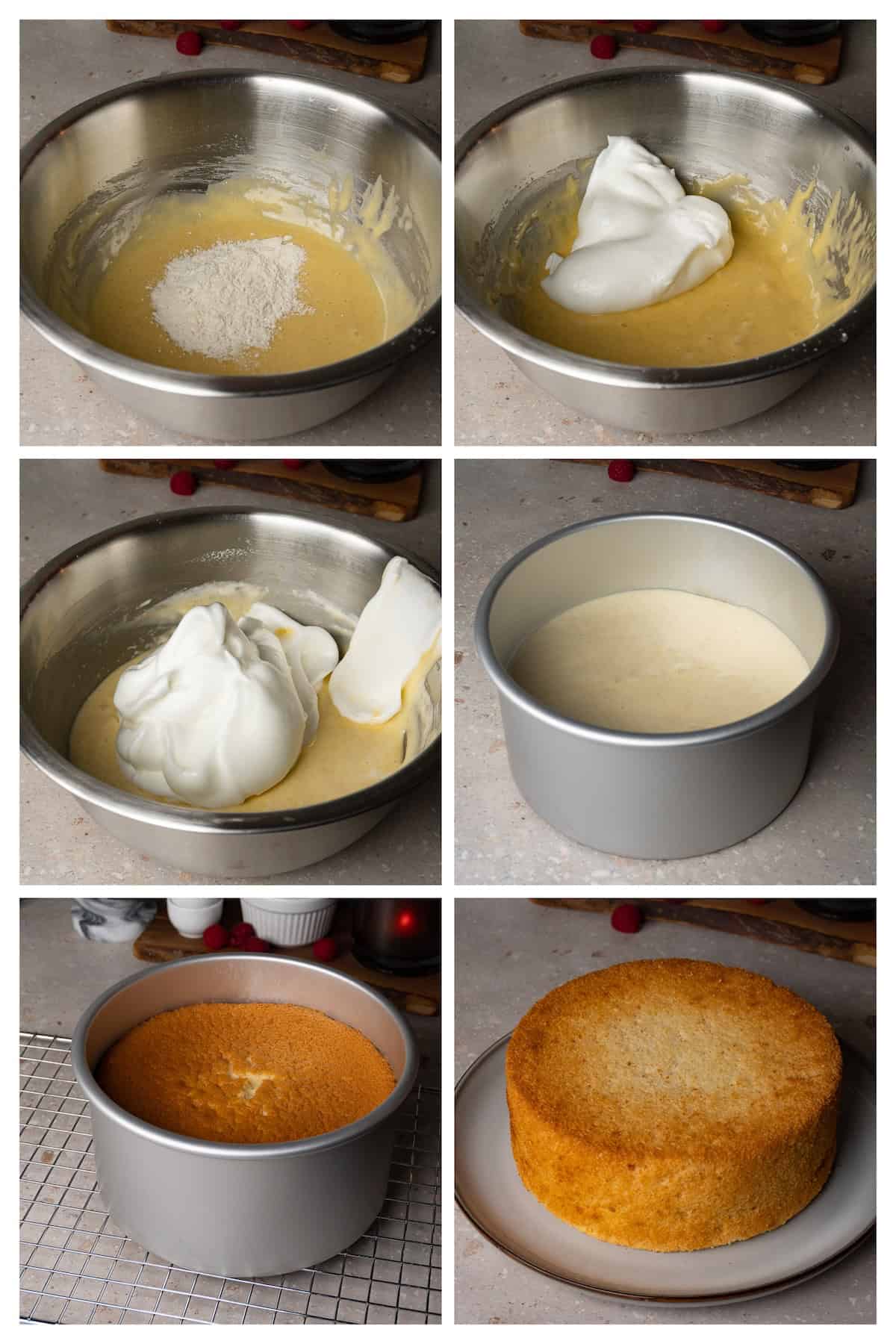 A collage image shows the process of making chiffon cake batter and baking the cake in six steps.
