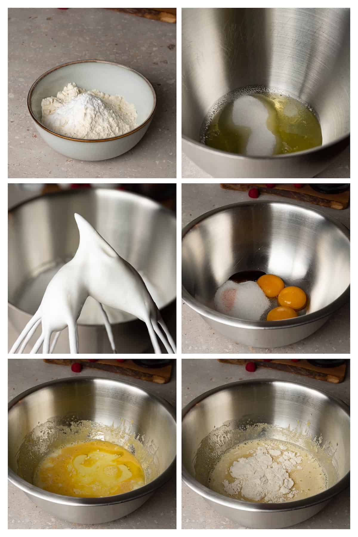 A collage image shows the process of making chiffon cake batter in six steps.