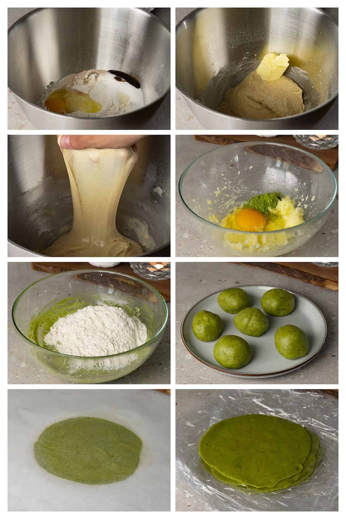 A collage image shows the process of making the yeast dough and matcha cookie topping for melon pan in eight steps.