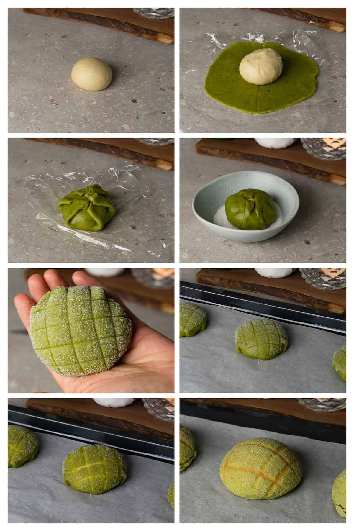 A collage image shows the process of assembling and baking melon bread with matcha cookie topping in eight steps.