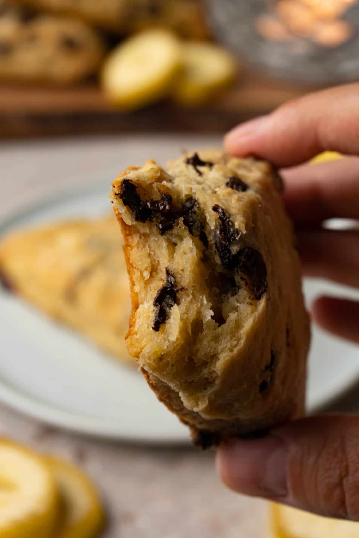 A hand holding a piece of chocolate chip scone.