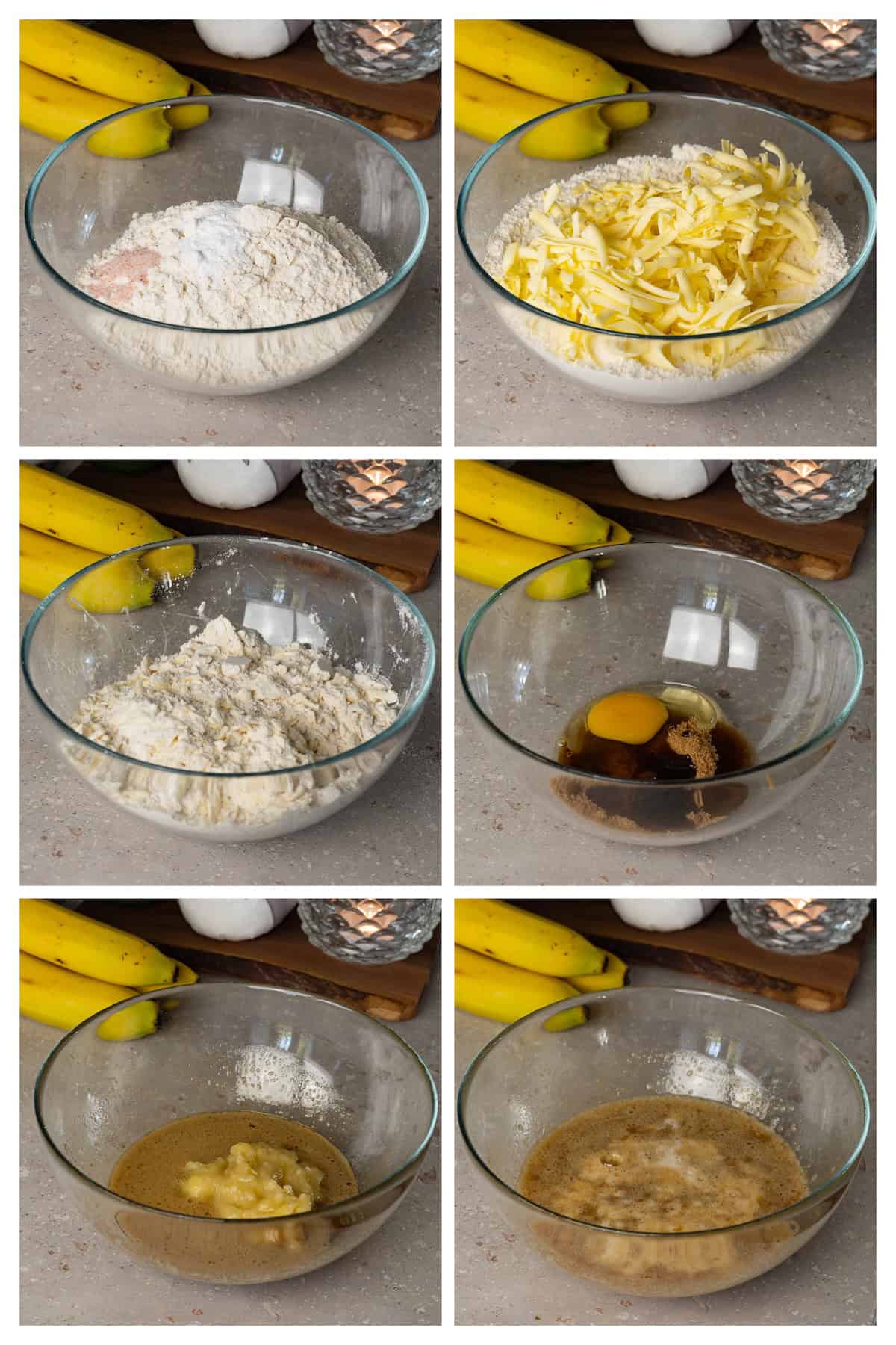 A collage image shows the process of making scone dough with mashed bananas in six steps.