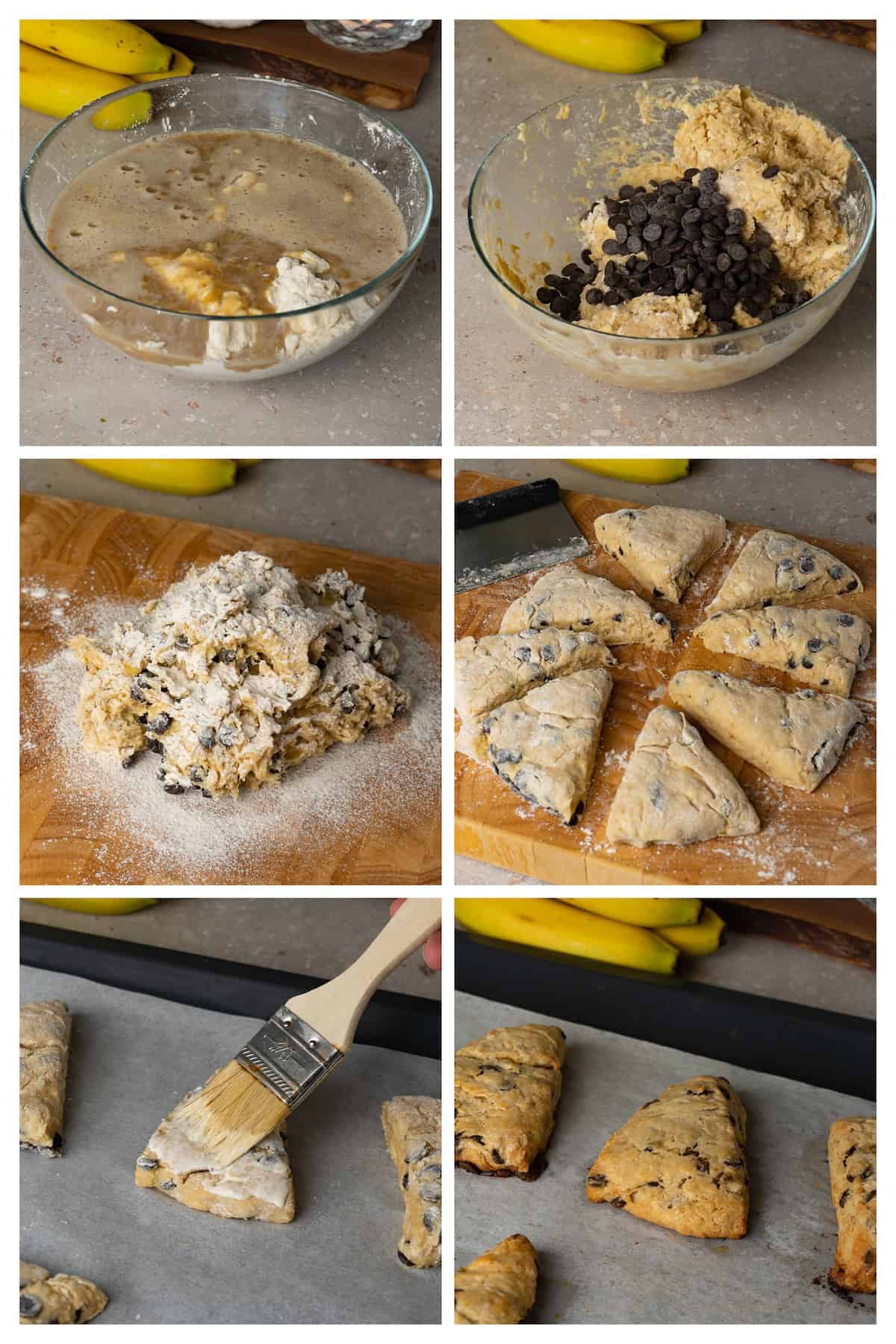 A collage image shows the process of shape and bake scones with chocolate chips in six steps.