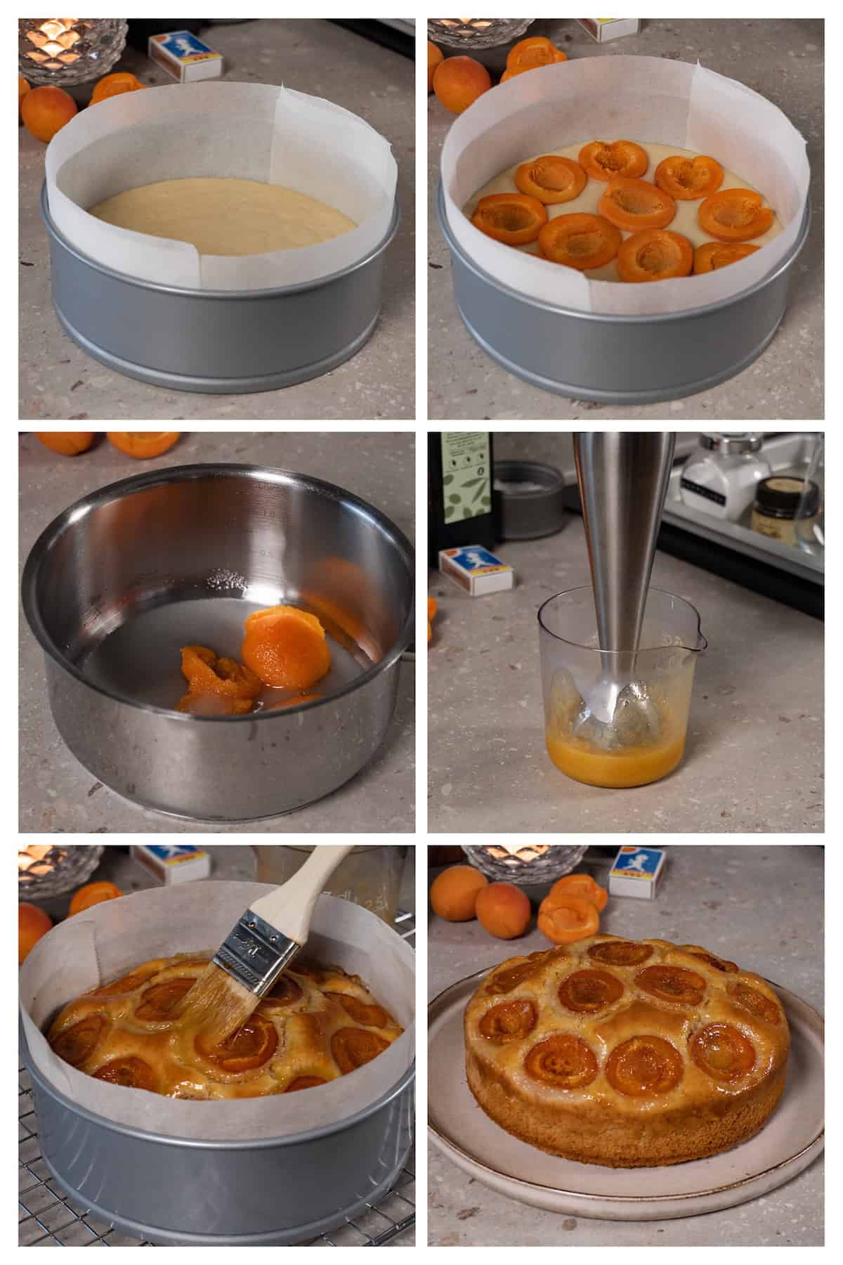 A collage image shows the process of baking an apricot cake and glazing it with apricot glaze.