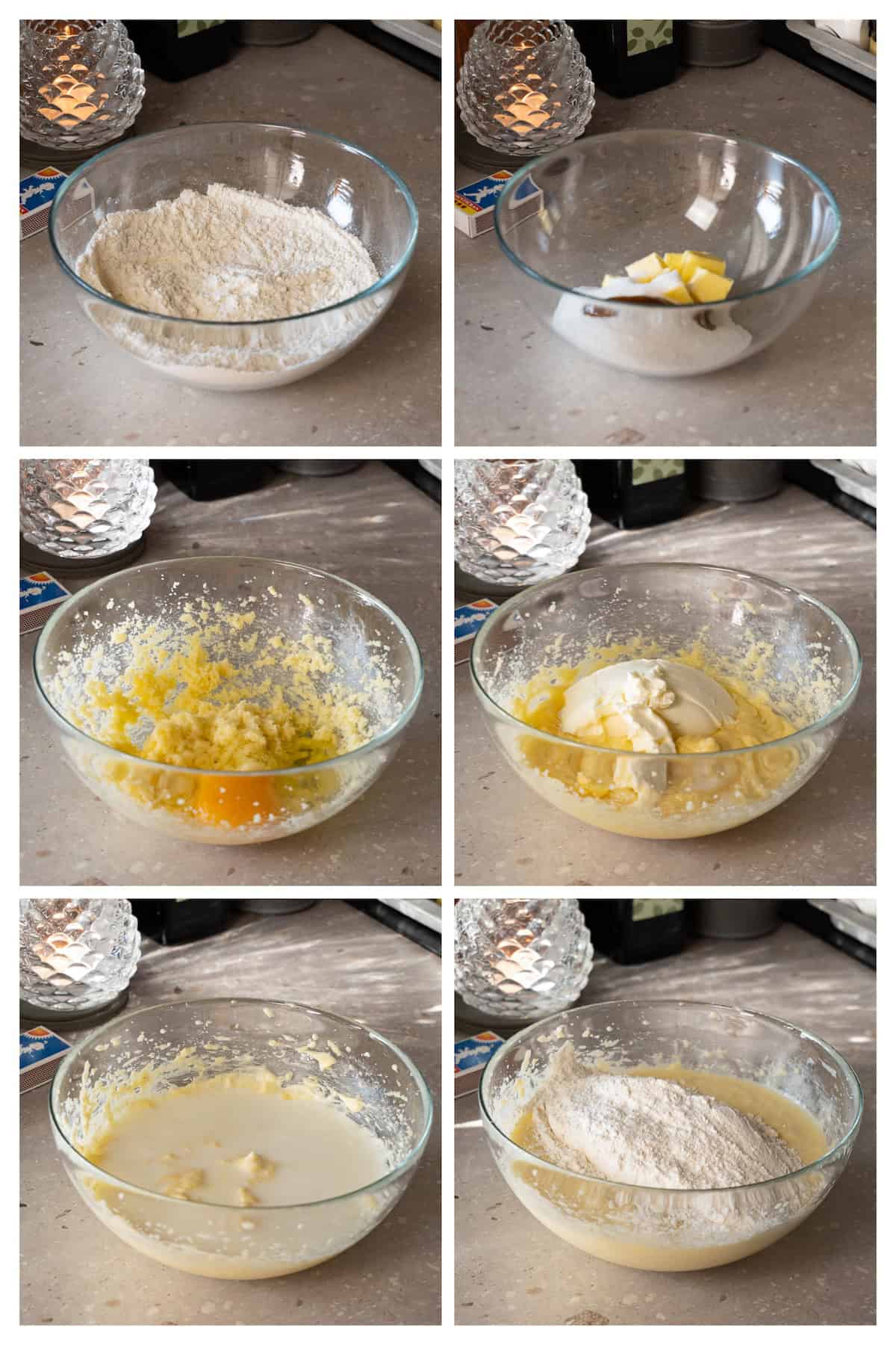 A collage image shows the process of making a cake batter in six steps.