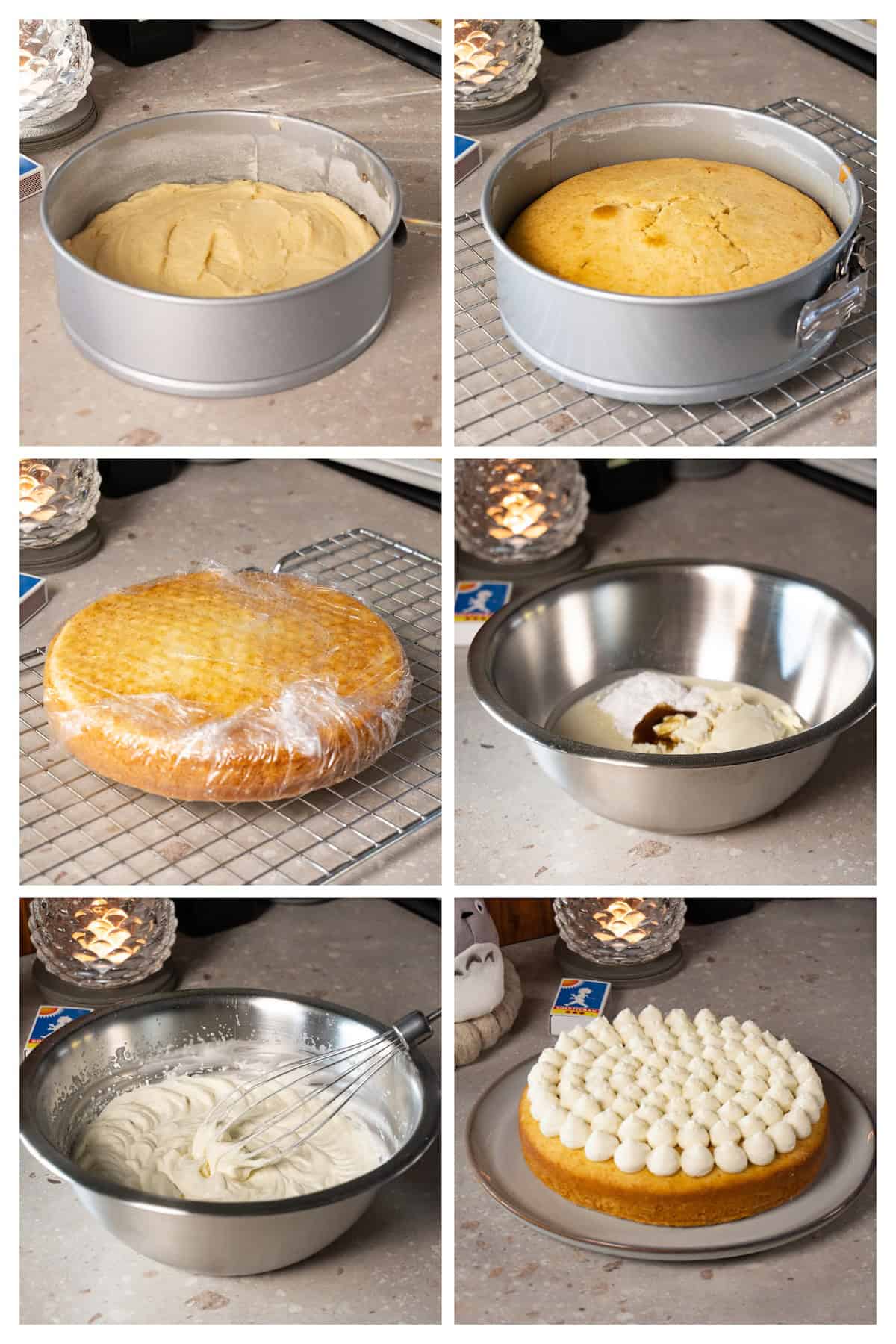 A collage image shows the process of baking the cake, making the mascarpone frosting, and decorating it in six steps.