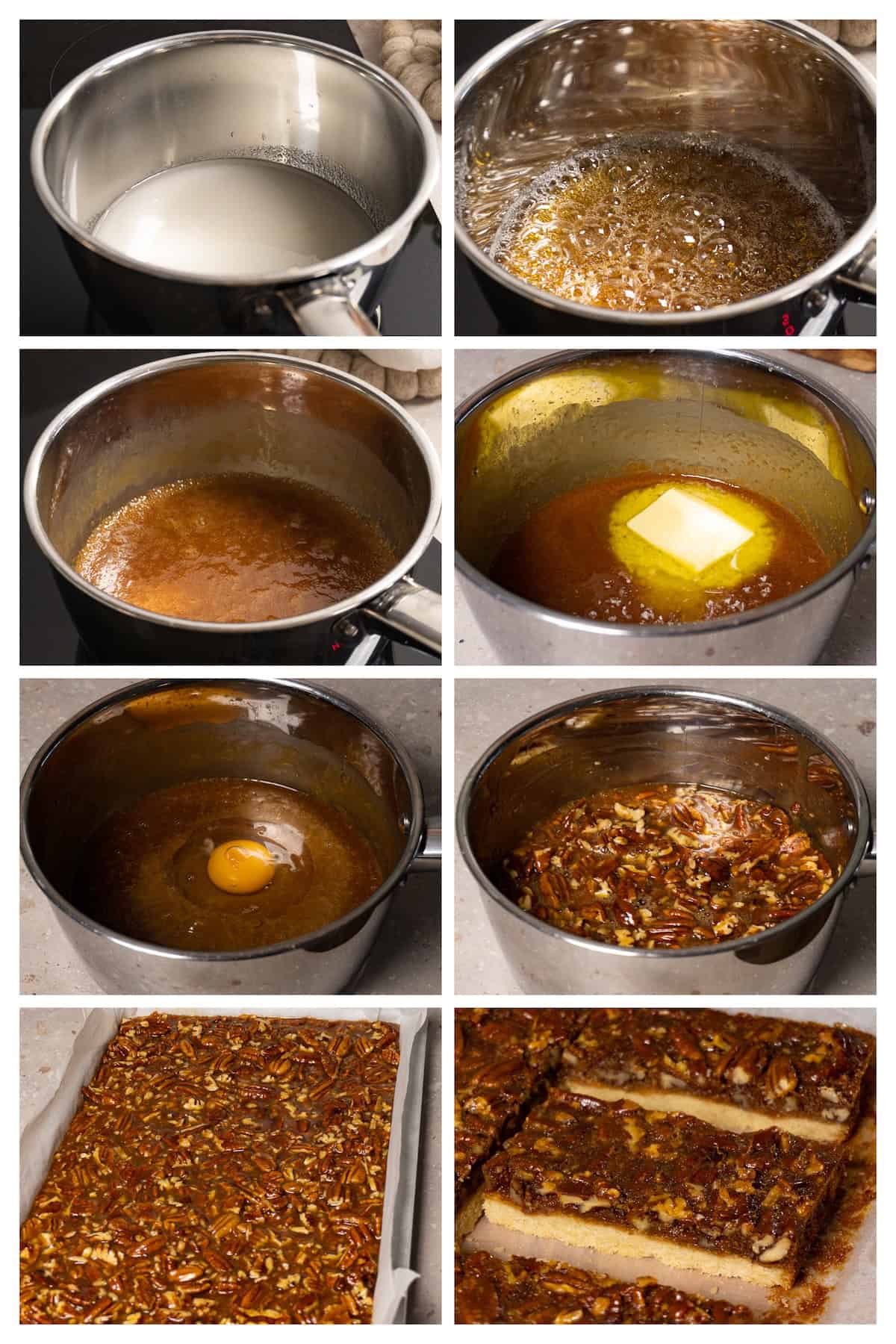 A collage image shows the process of making pecan filling, and baking the pecan bars in eight steps.