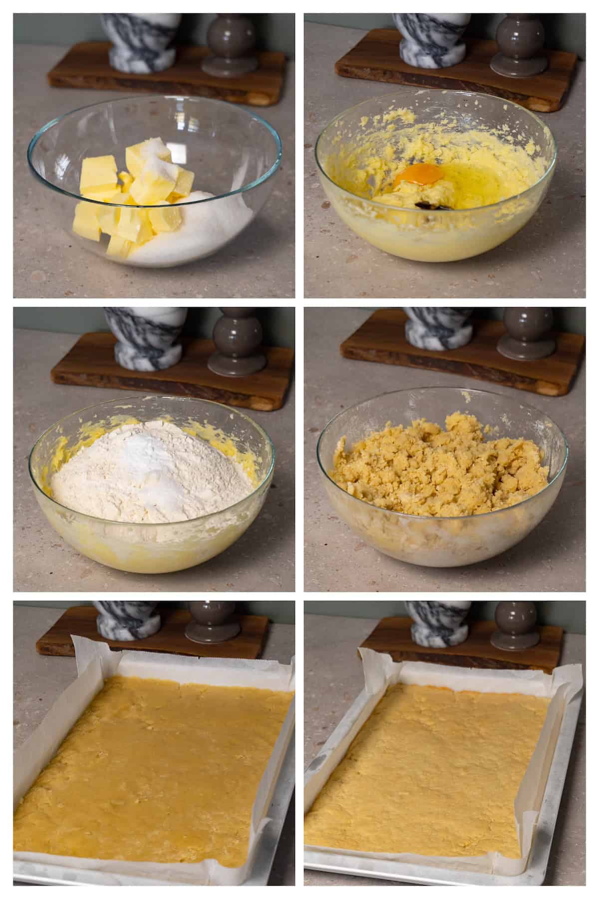 A collage image shows the process of making pecan pie bars base layer in six steps.