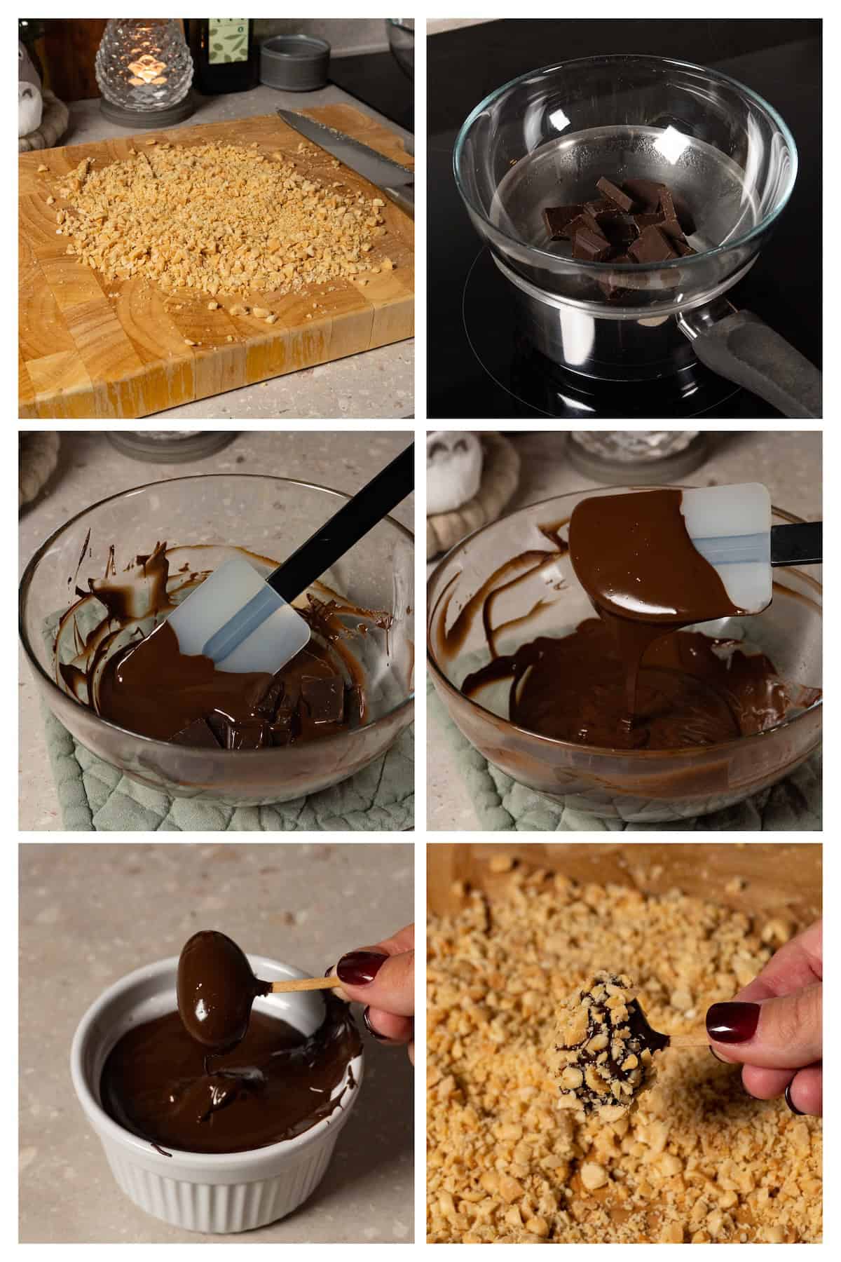 A collage image illustrates the six-step process of making chocolate-covered dates coated in crushed roasted peanuts.