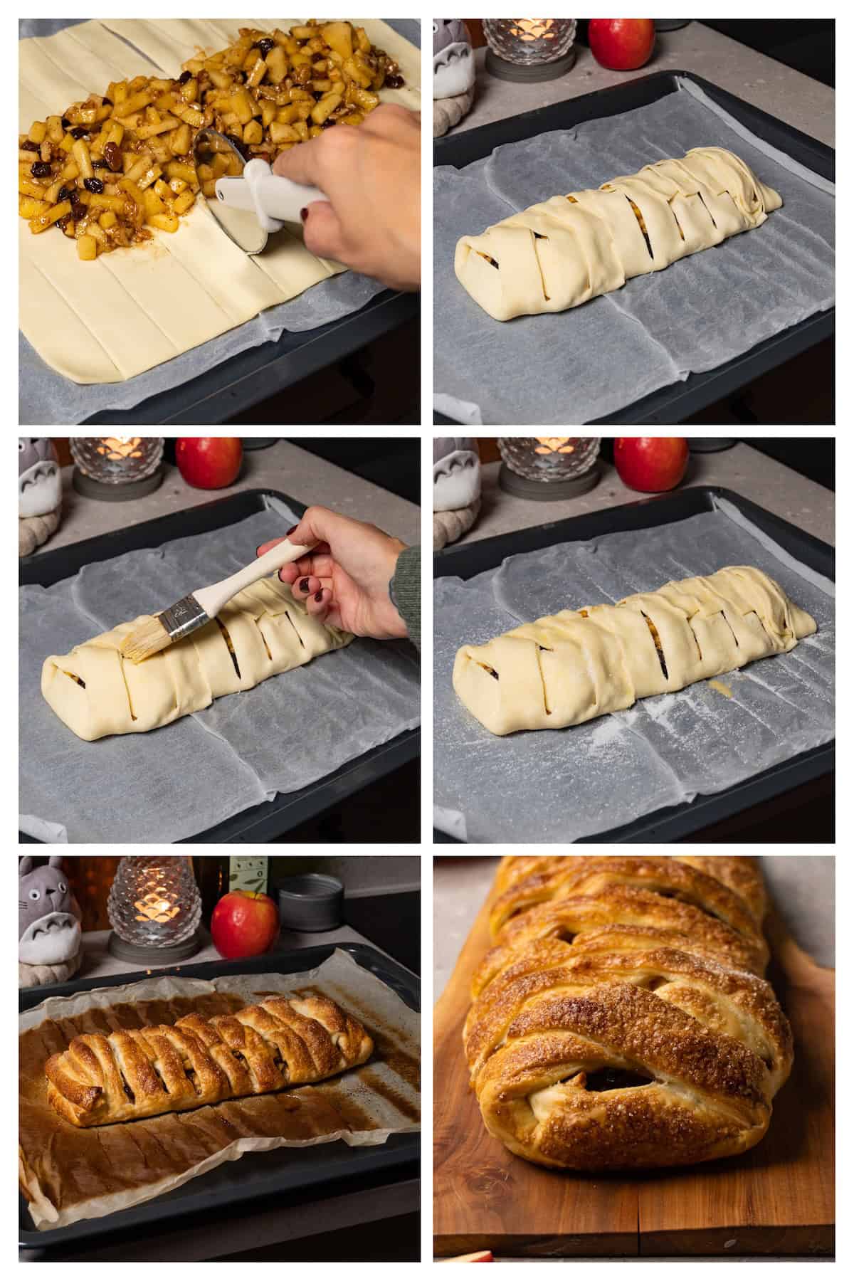 A collage image shows the process of assembling puff pastry pie with apple filling and baking it in six steps.