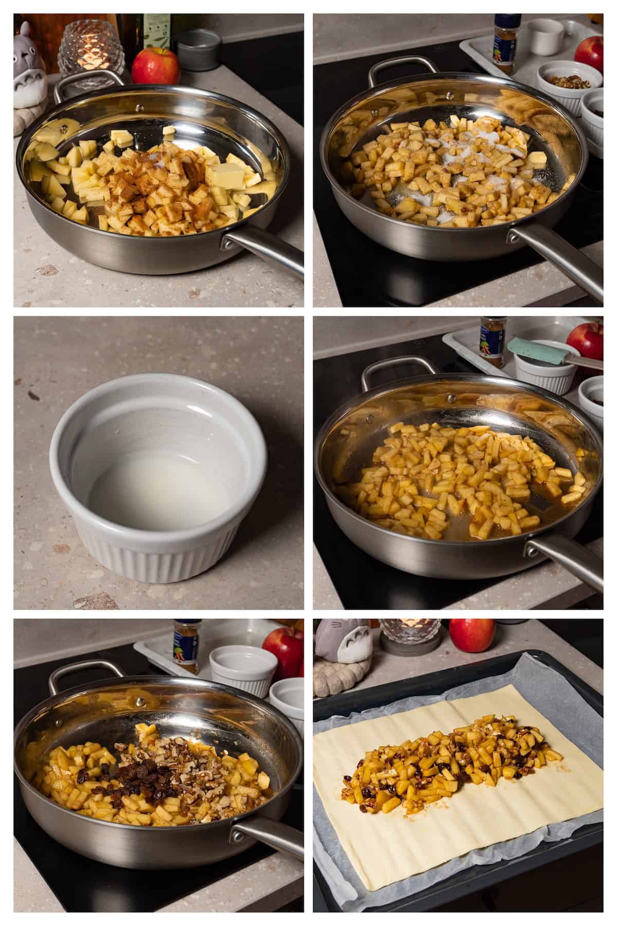 A collage image shows the process of making an apple filling with walnuts and raisins and placing it on a sheet of puff pastry for a puff pastry apple pie in six steps.
