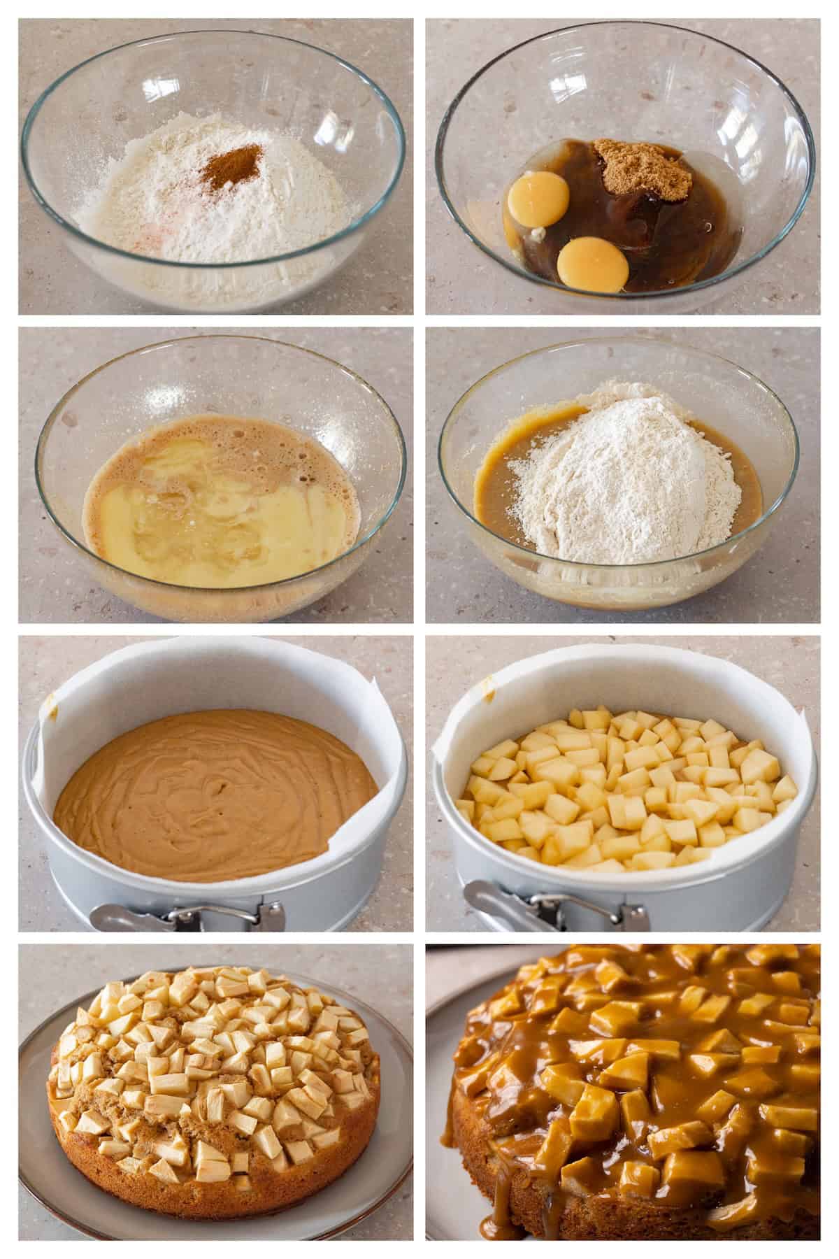 A collage image shows the process of making apple cake with toffee topping in eight steps.