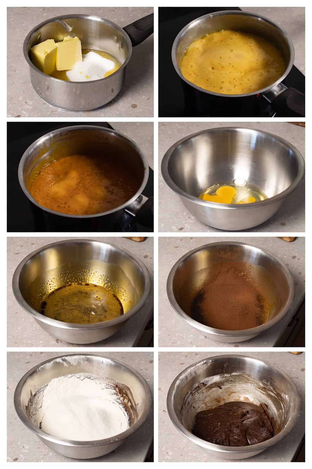 A collage image shows how to make honey-chocolate dough for a cake in eight steps.