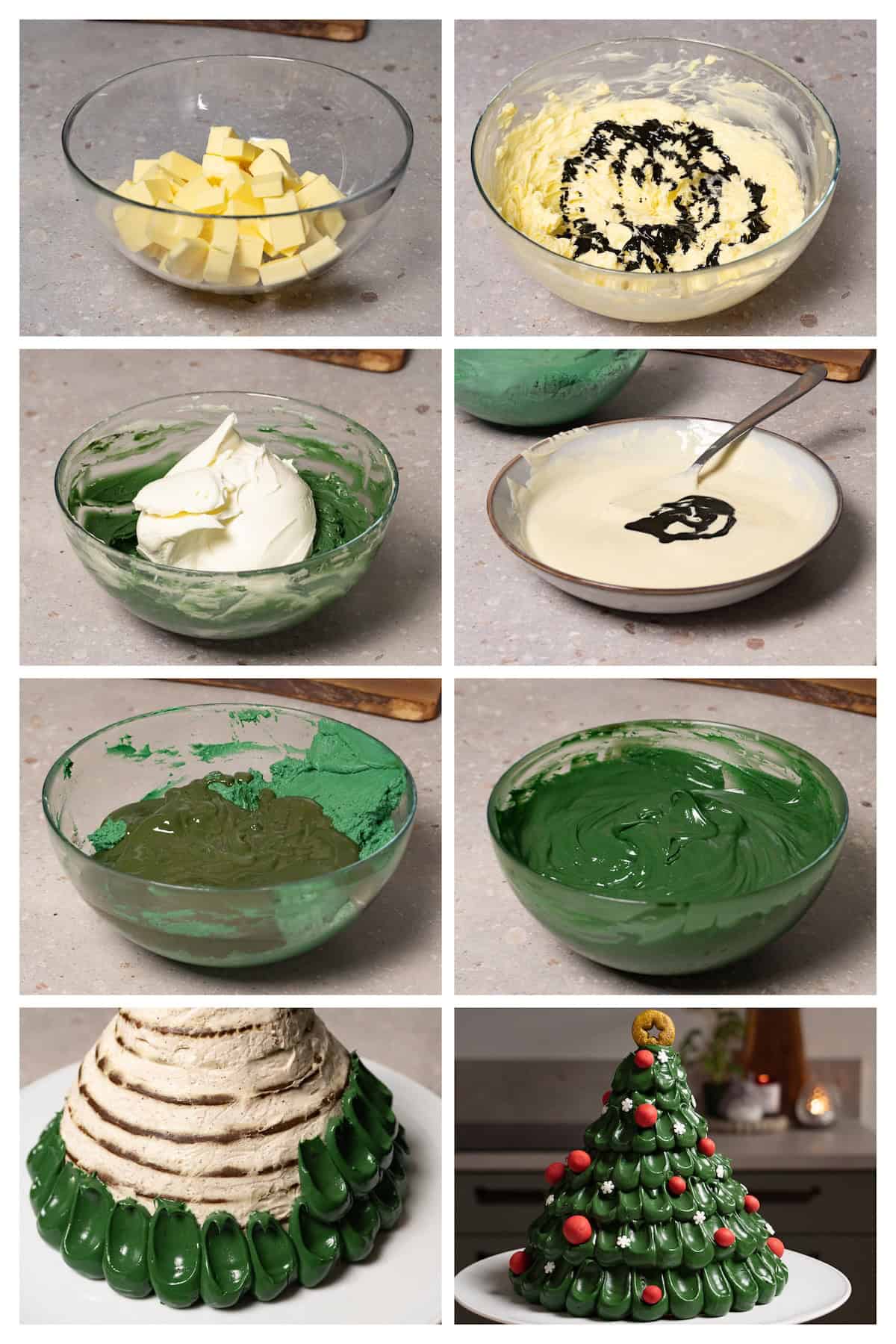 A collage image shows how to make a green cake frosting and decorate Christmas tree cake with it in 8 steps.