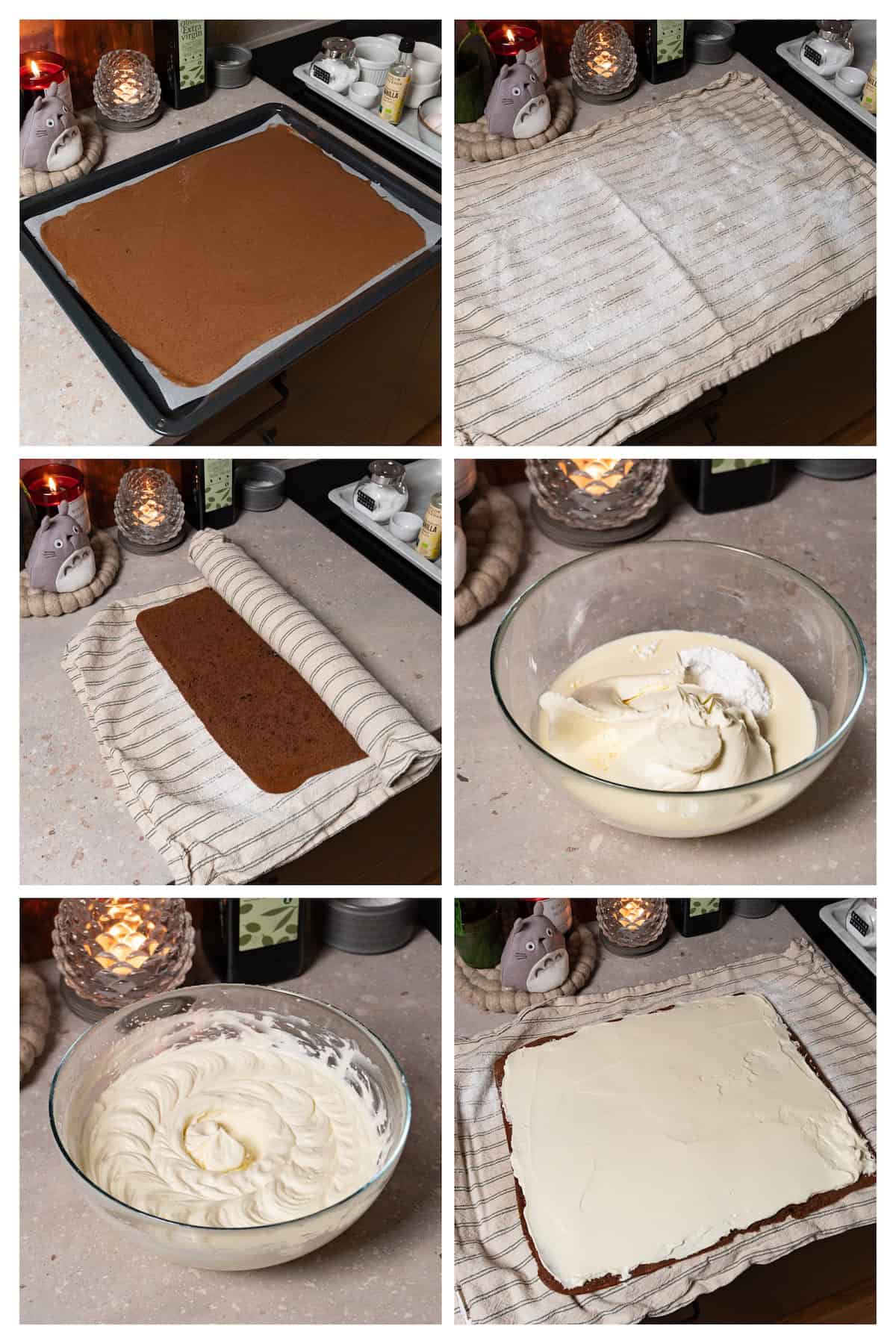 A collage image shows how to bake chocolate sponge cake, make cream cheese filling and assemble a chocolate roll cake in 6 steps.