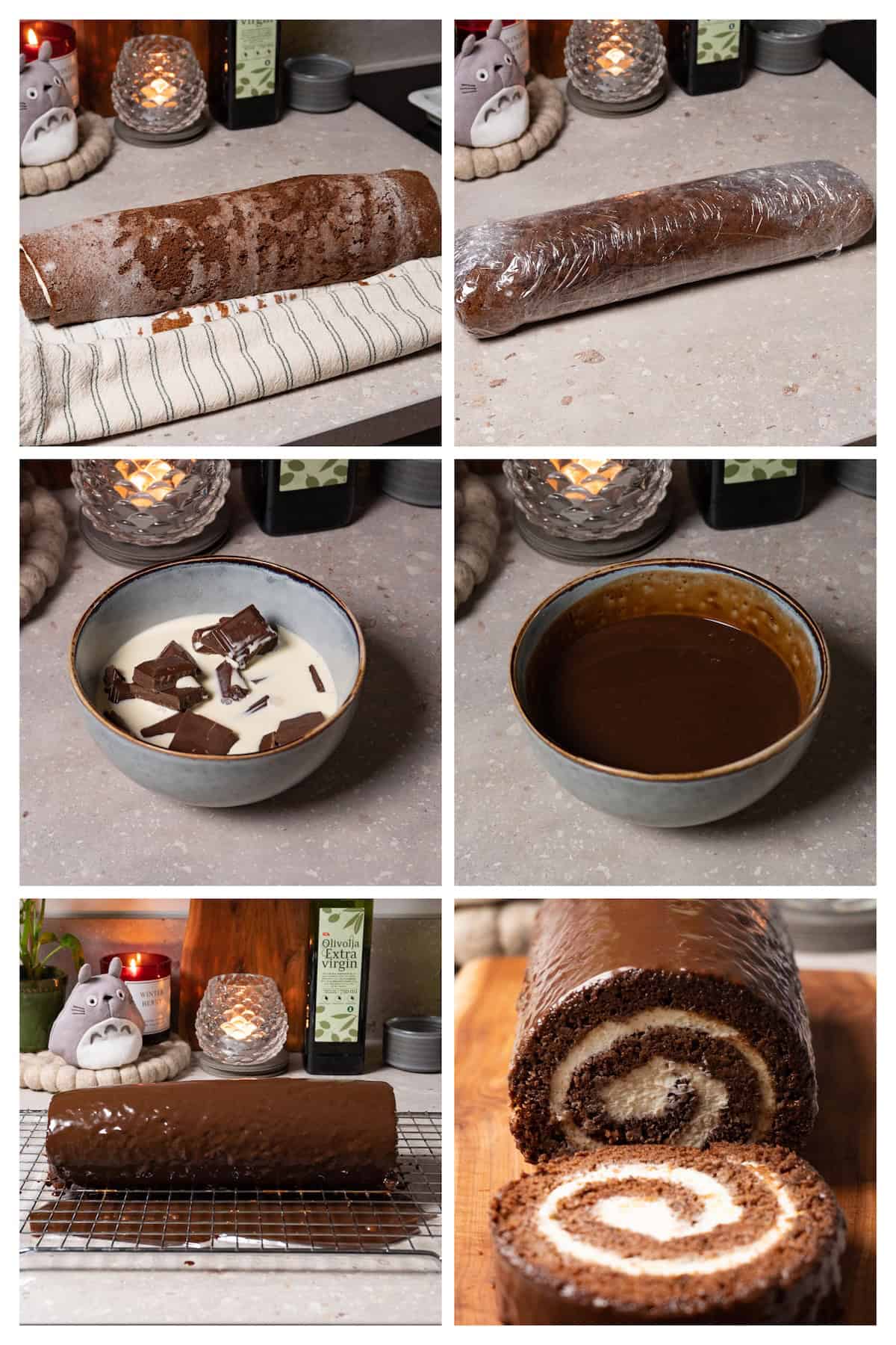 A collage image shows how to assemble chocolate roll and cover it in chocolate glaze in 6 steps.