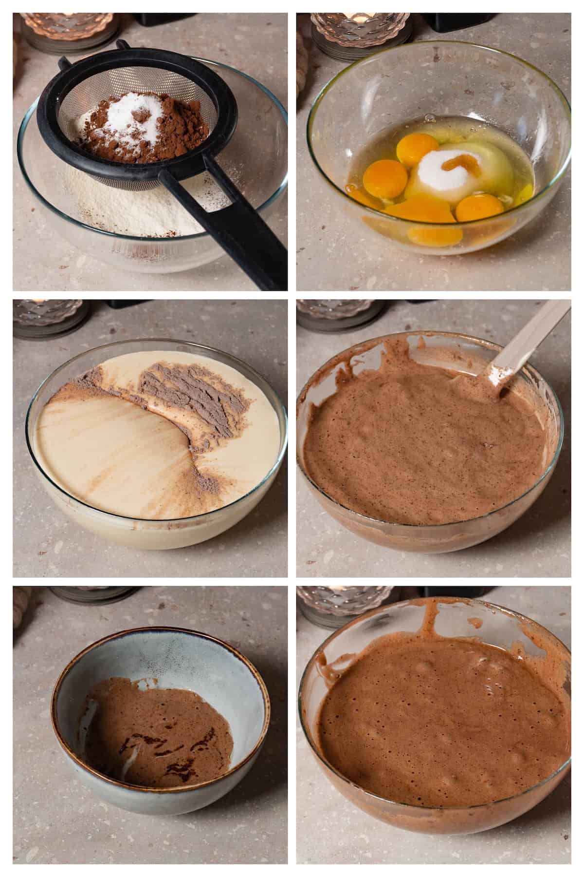 A collage image shows how to make a cake batter for Swiss roll cake in 6 steps.